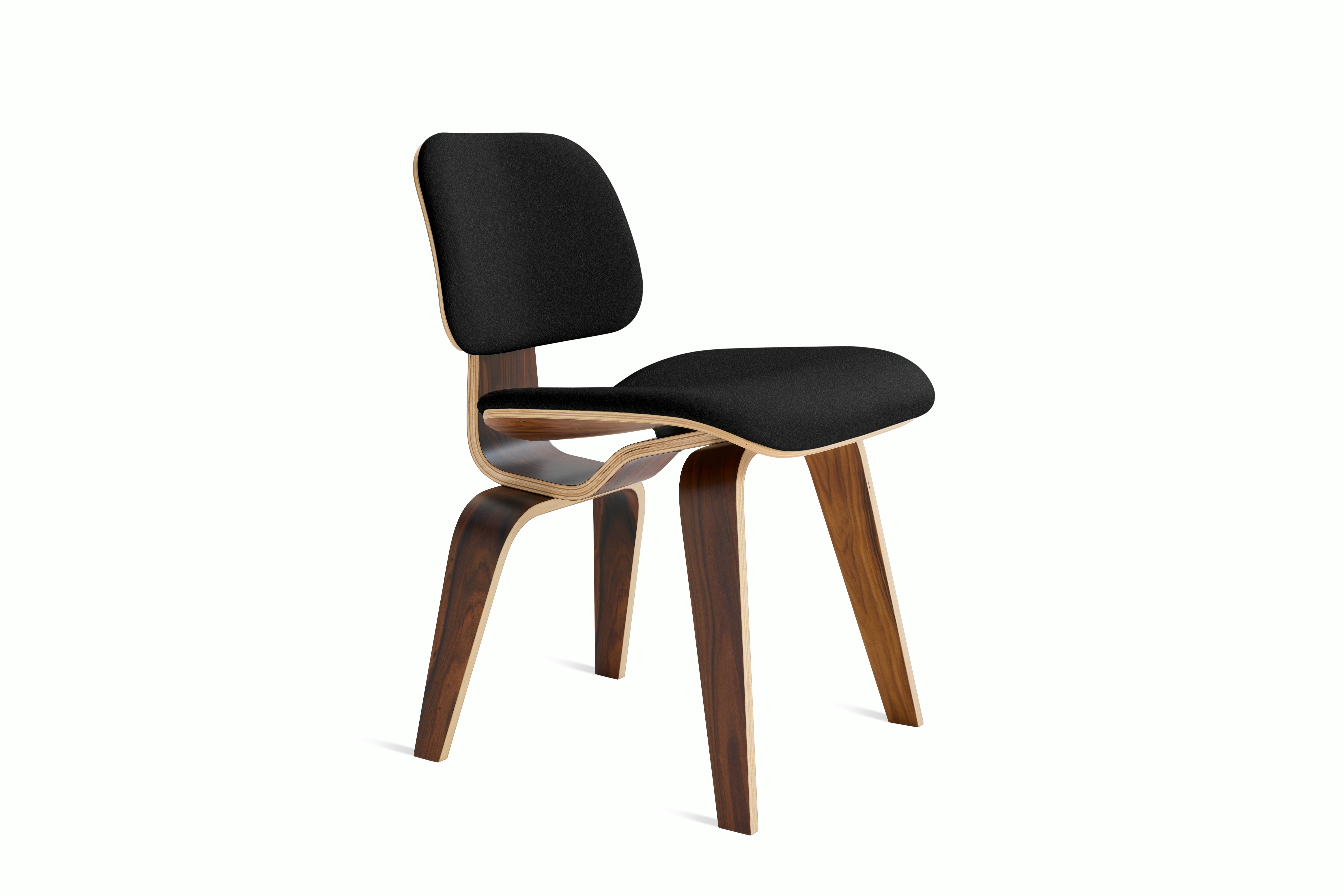 Eames Molded Plywood Dining Chair Wood Base (DCW) in Santos Palisander,  Prone Leather,  Obsidian