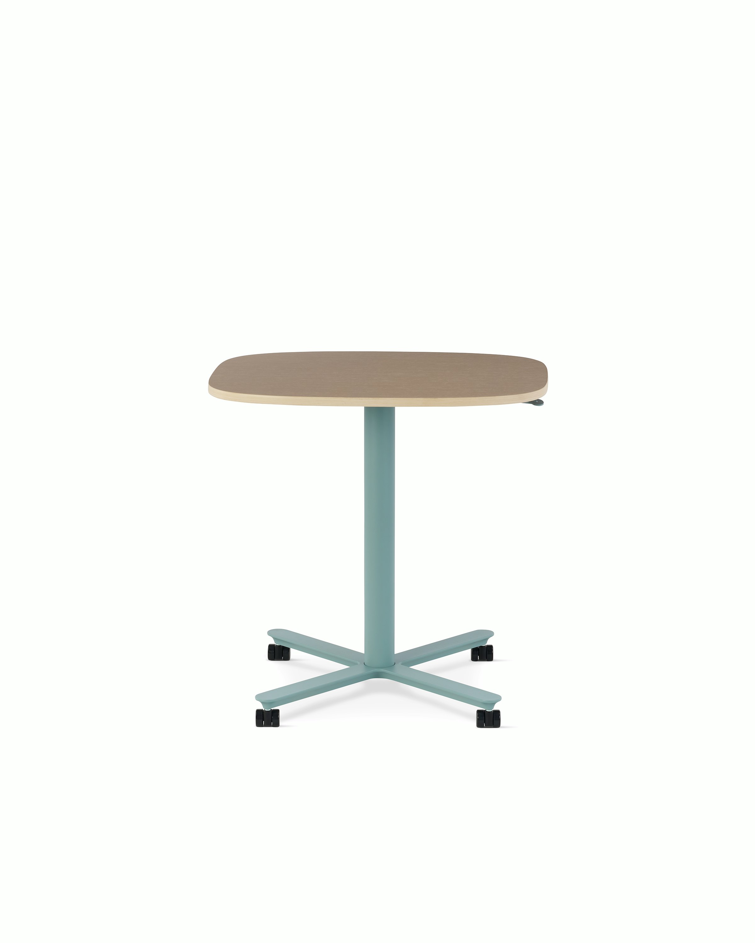 Large Passport Work Table shown with light woodgrain surface and light blue base on casters.