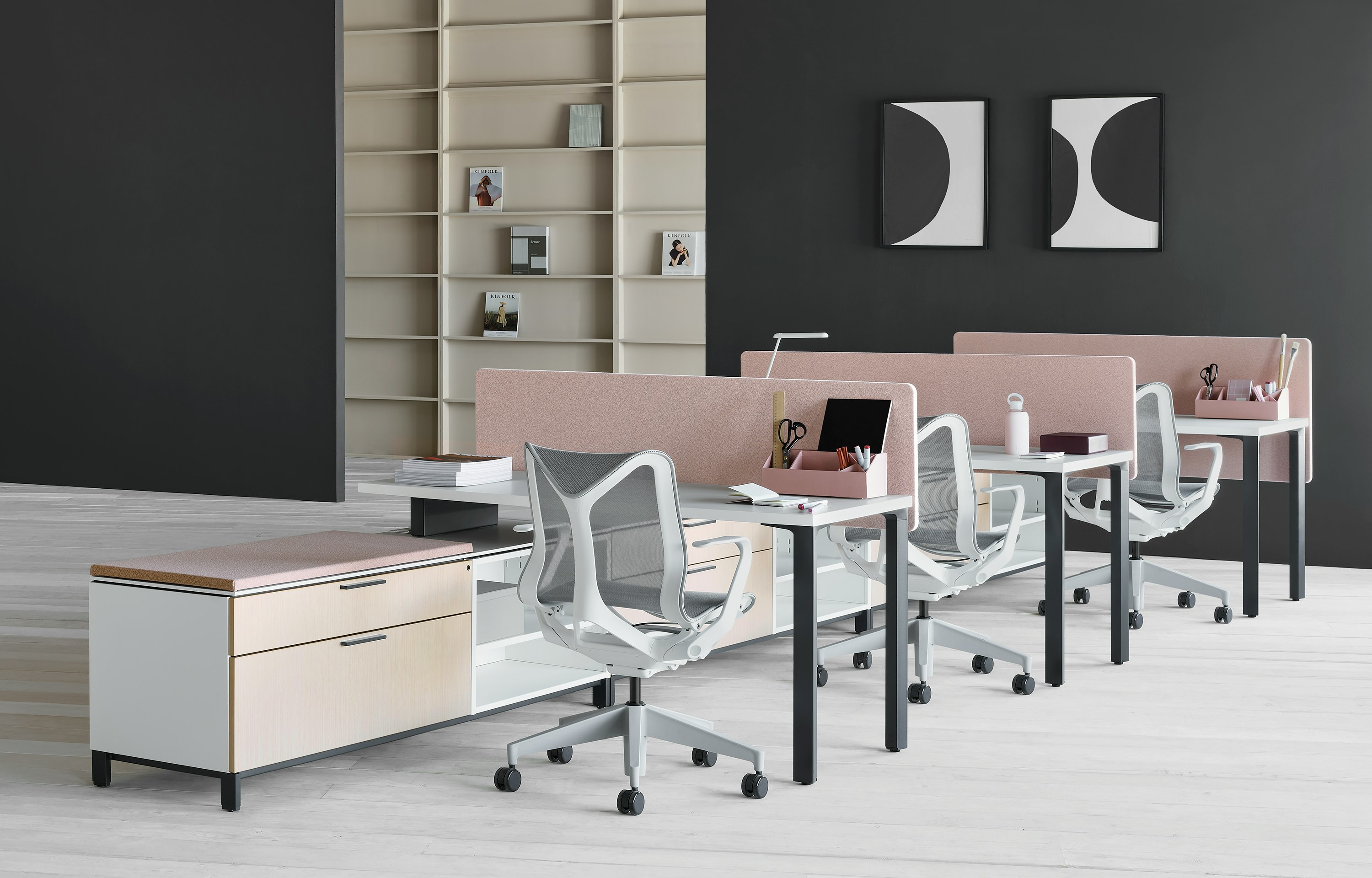 3-pack Canvas Storage workstation with white surfaces, pink screens, graphite legs, and grey Cosm chairs.