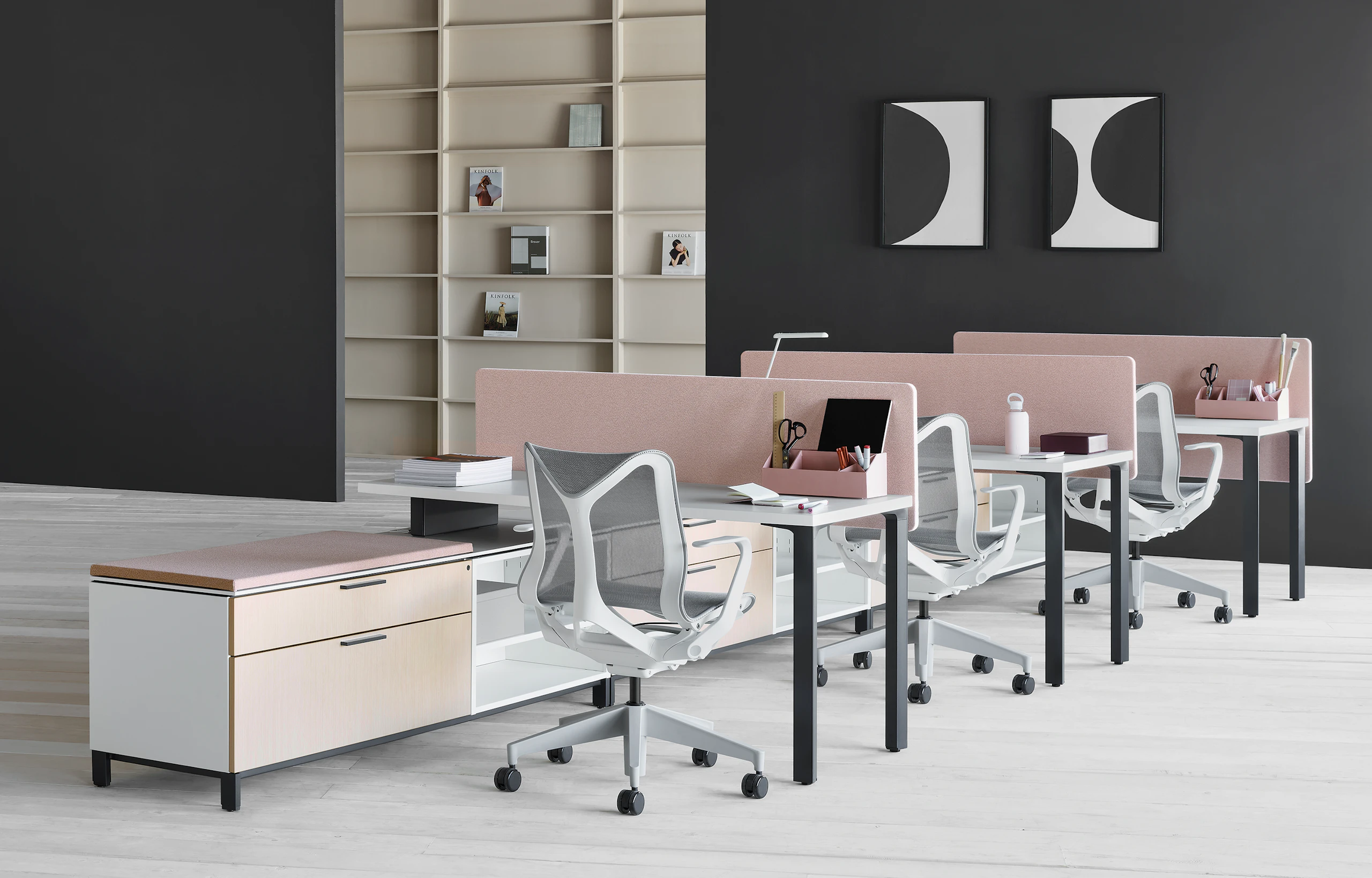 3-pack Canvas Storage workstation with white surfaces, pink screens, graphite legs, and grey Cosm chairs.