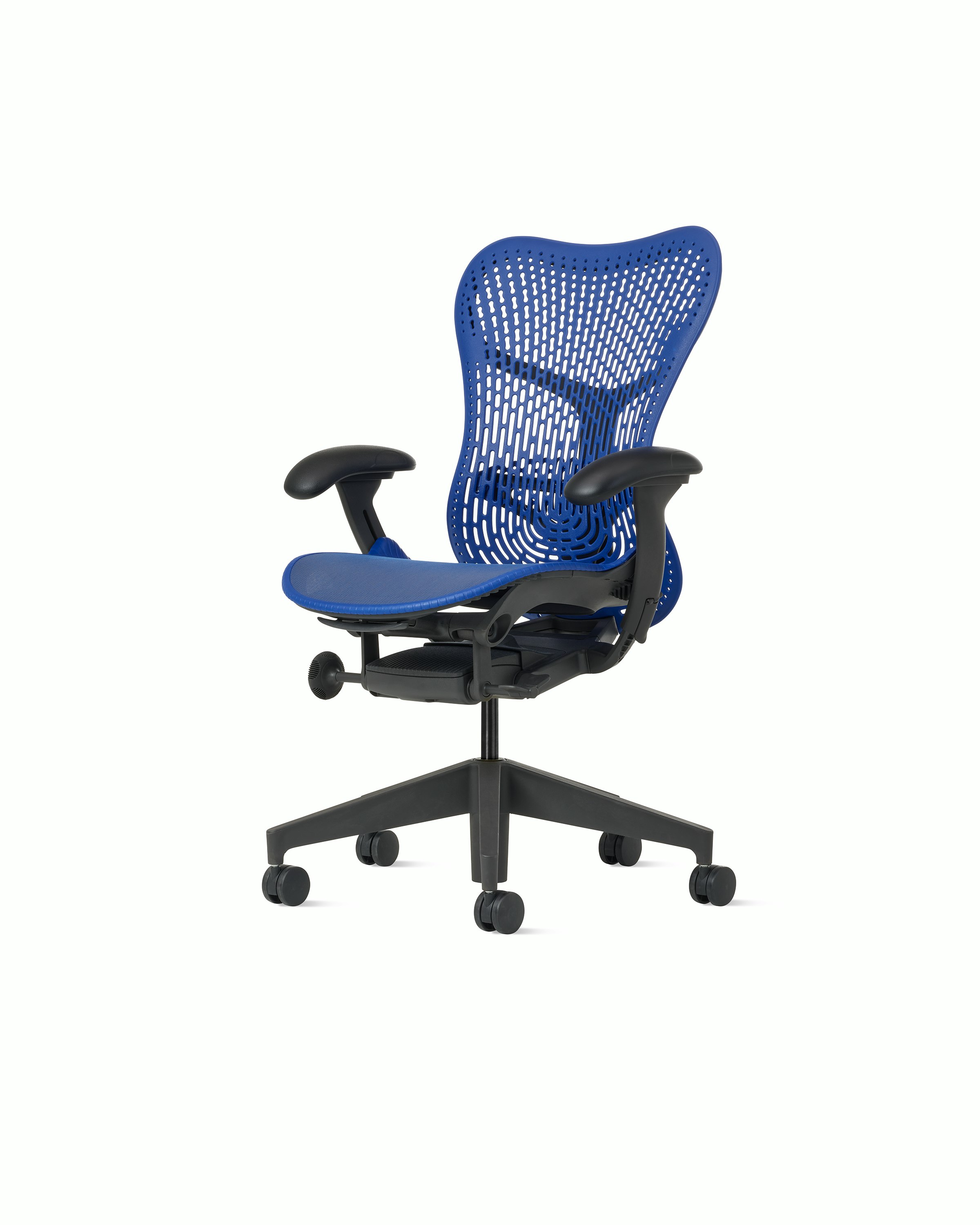 Front angle view of a Mirra 2 chair with a Triflex back in ultramarine blue.