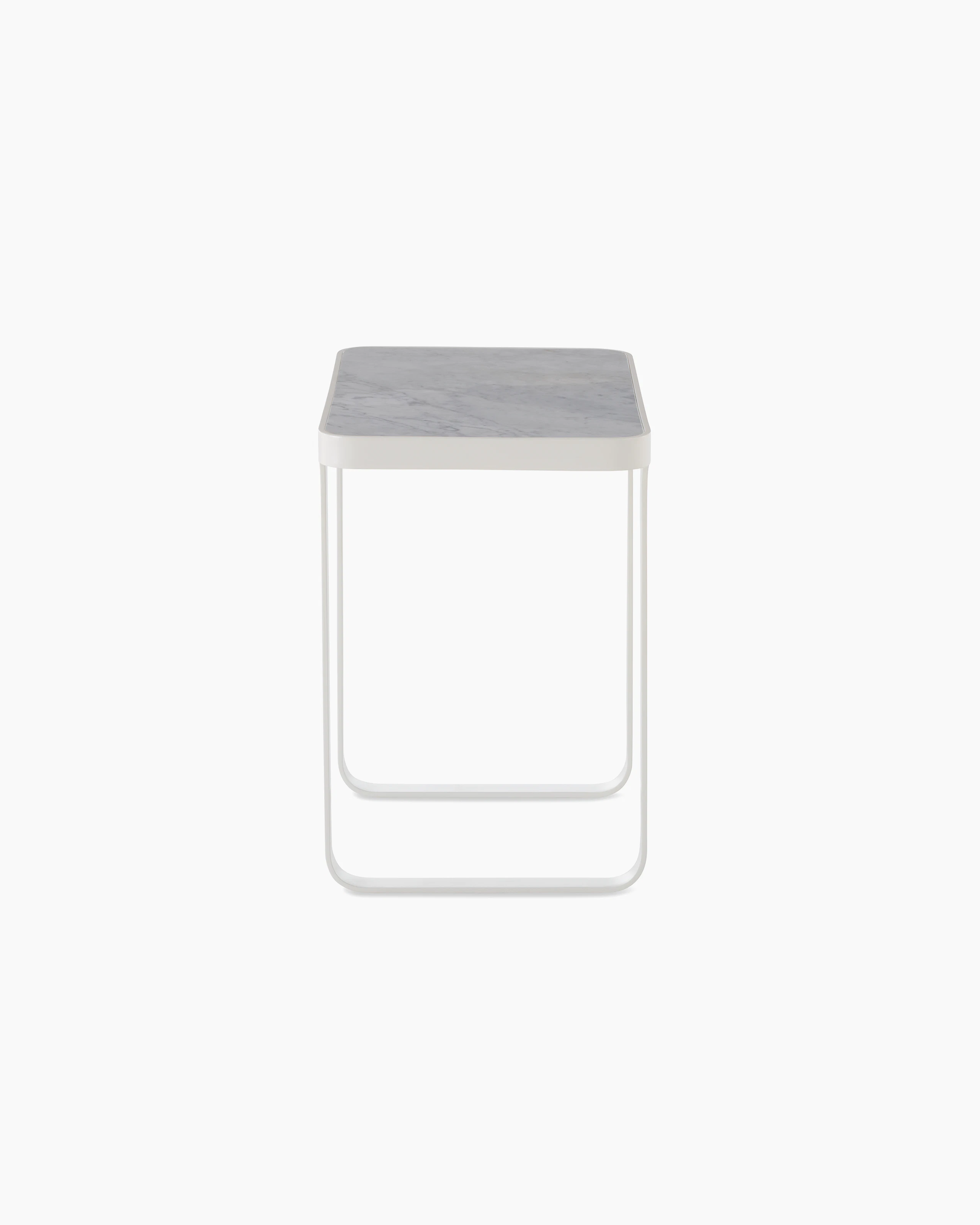White sweep shot of white Trace Side table with marble top.