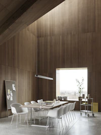 Fiber Armchair Tube Base in White - 70/70 Solid Oak/White 295x108 cm - Linear Pendant 169 cm in Grey - Flow Trolley - Raise Glasses and Carafe