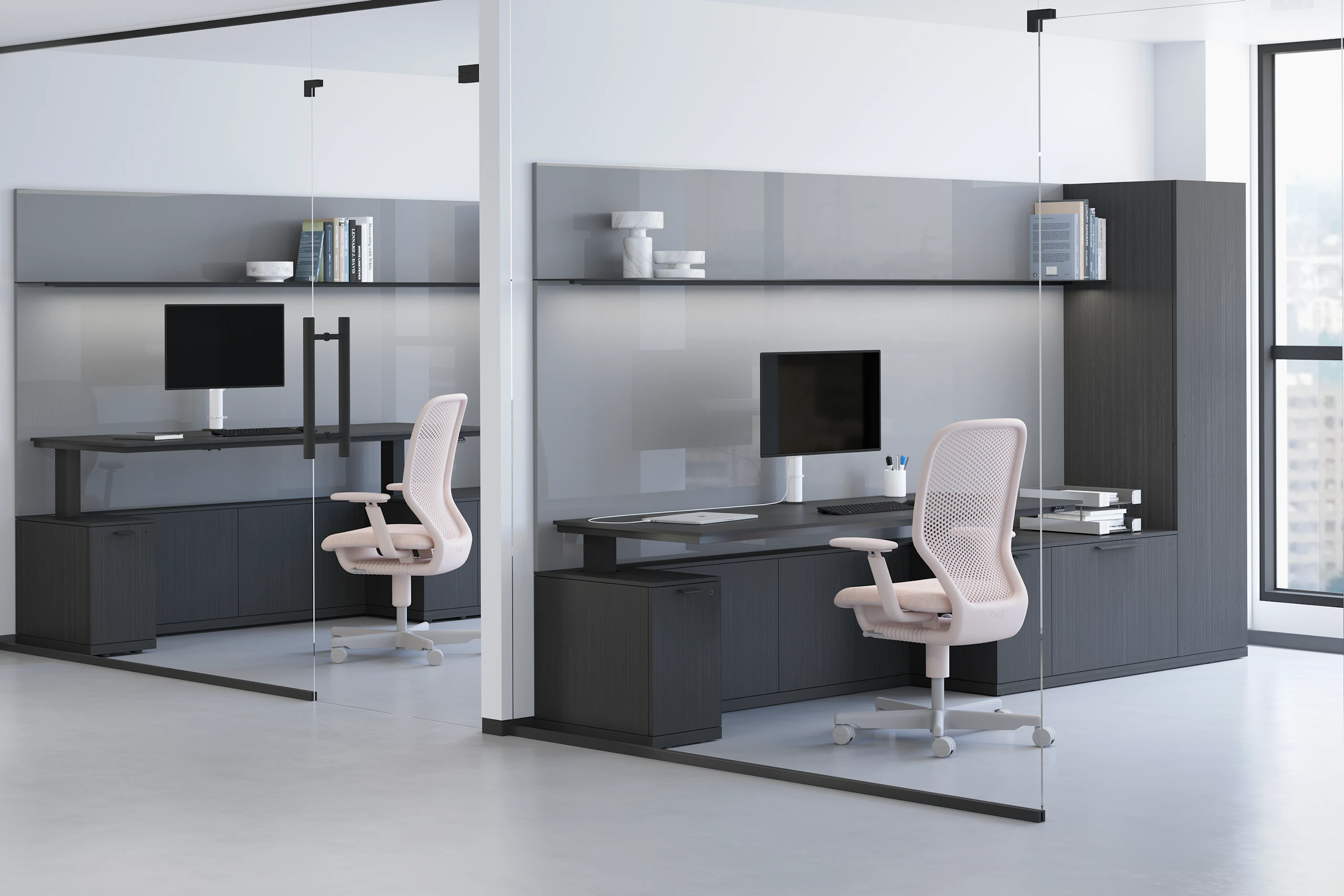 A private office featuring a height-adjustable table, workwall, shelf and credenzas in a dark brown premium wood veneer finish.