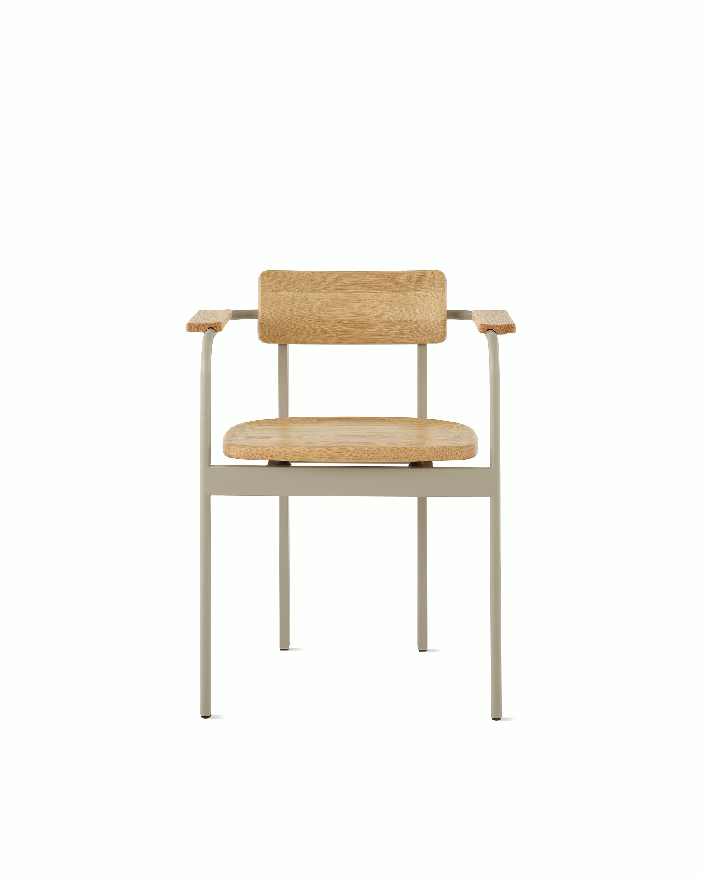 A Betwixt Chair with oak seat, backrest, arms and a grey frame. 