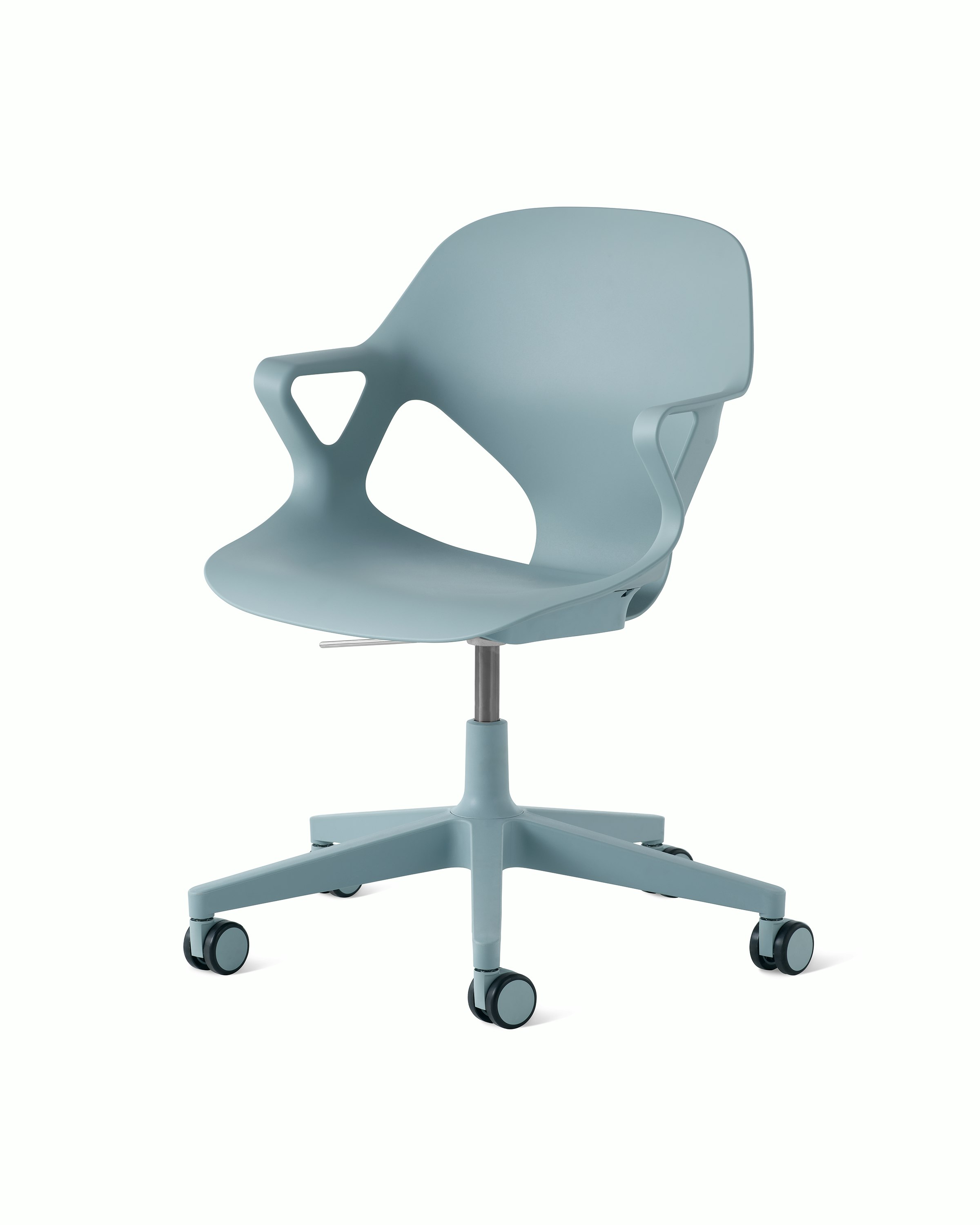 Front angle view of a light blue Zeph chair with fixed arms.