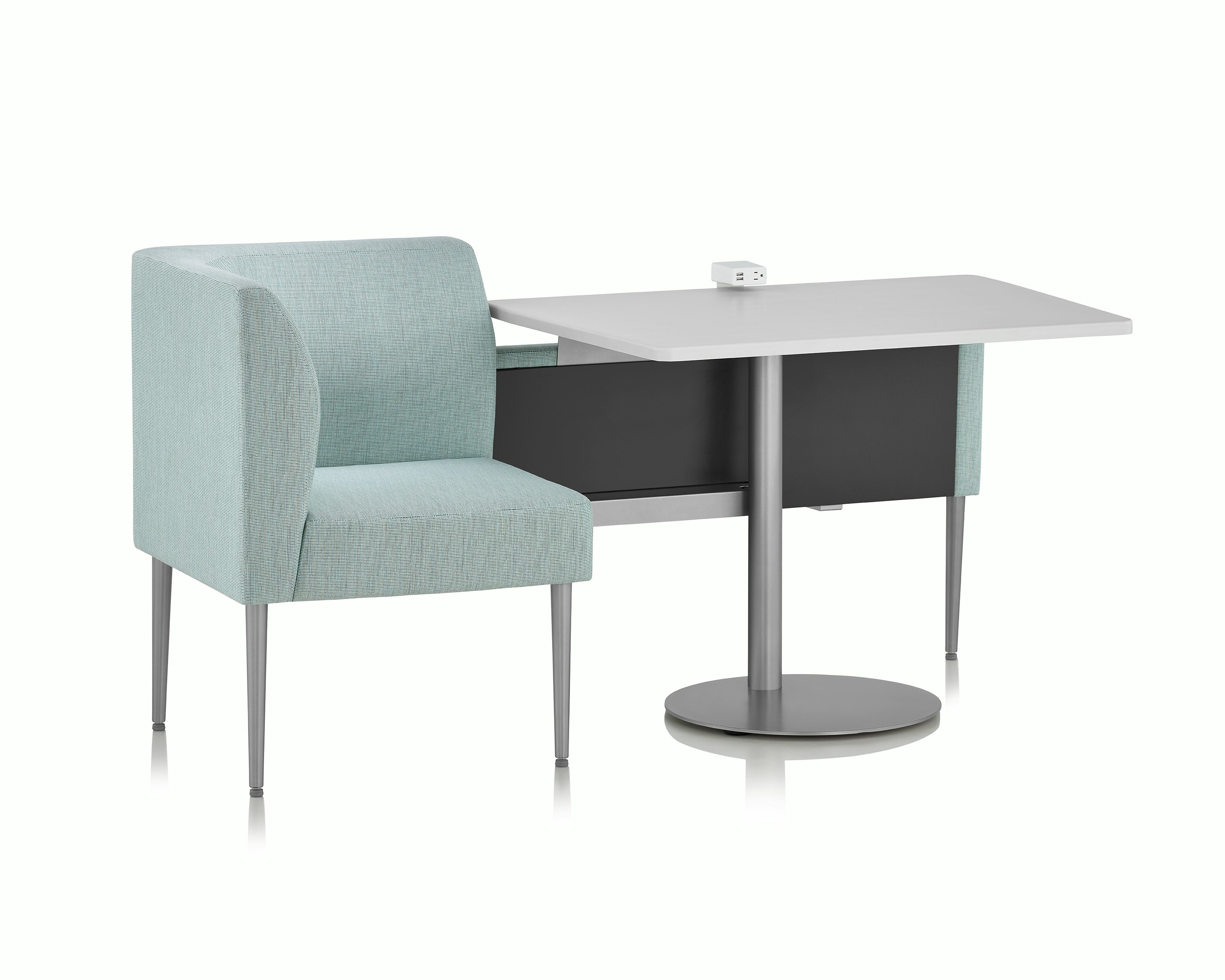 Front three-quarter view of Palisade Booth on white sweep.