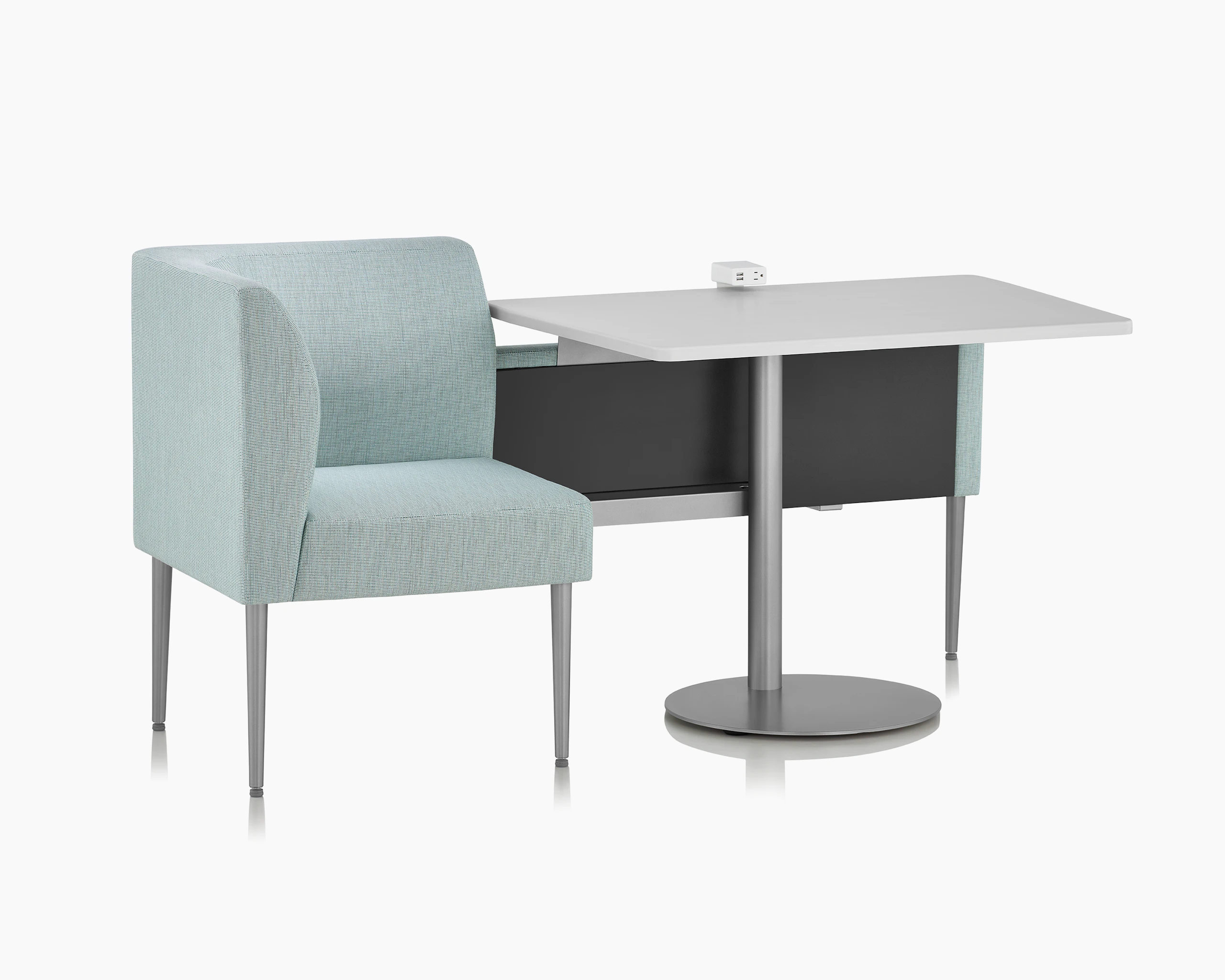 Front three-quarter view of Palisade Booth on white sweep.