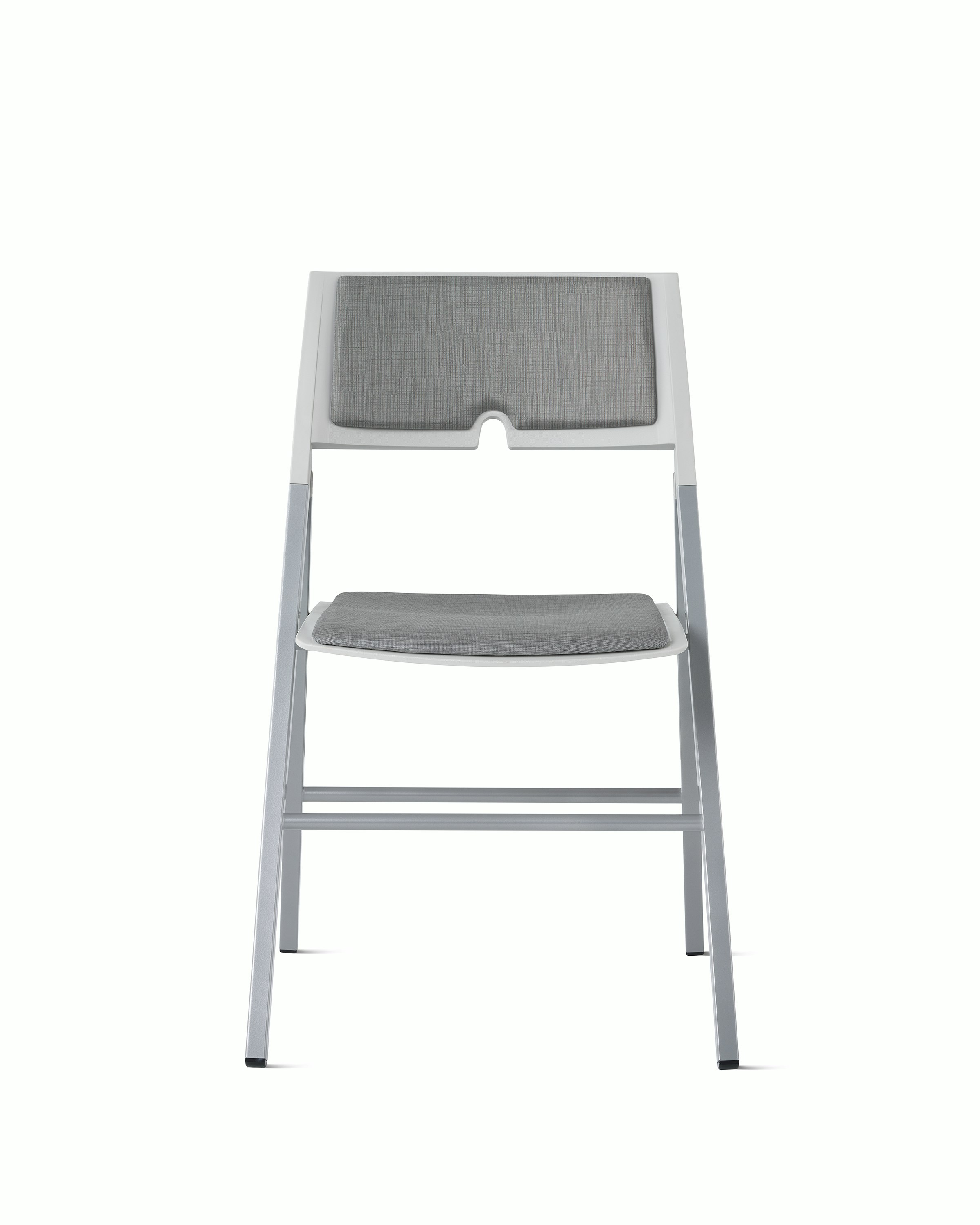 Front view of an Axa Folding Chair with an upholstered seat and back in gray and silver frame and legs.