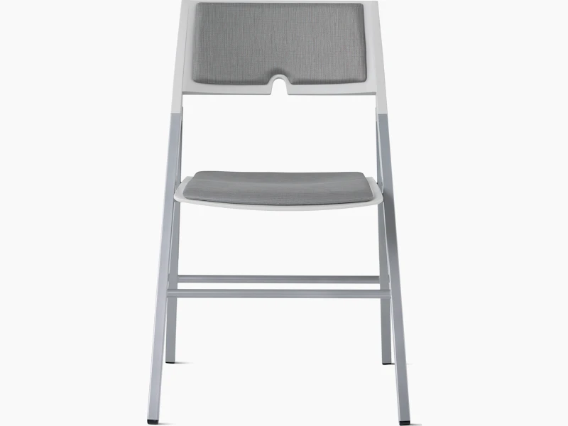 Front view of an Axa Folding Chair with an upholstered seat and back in gray and silver frame and legs.