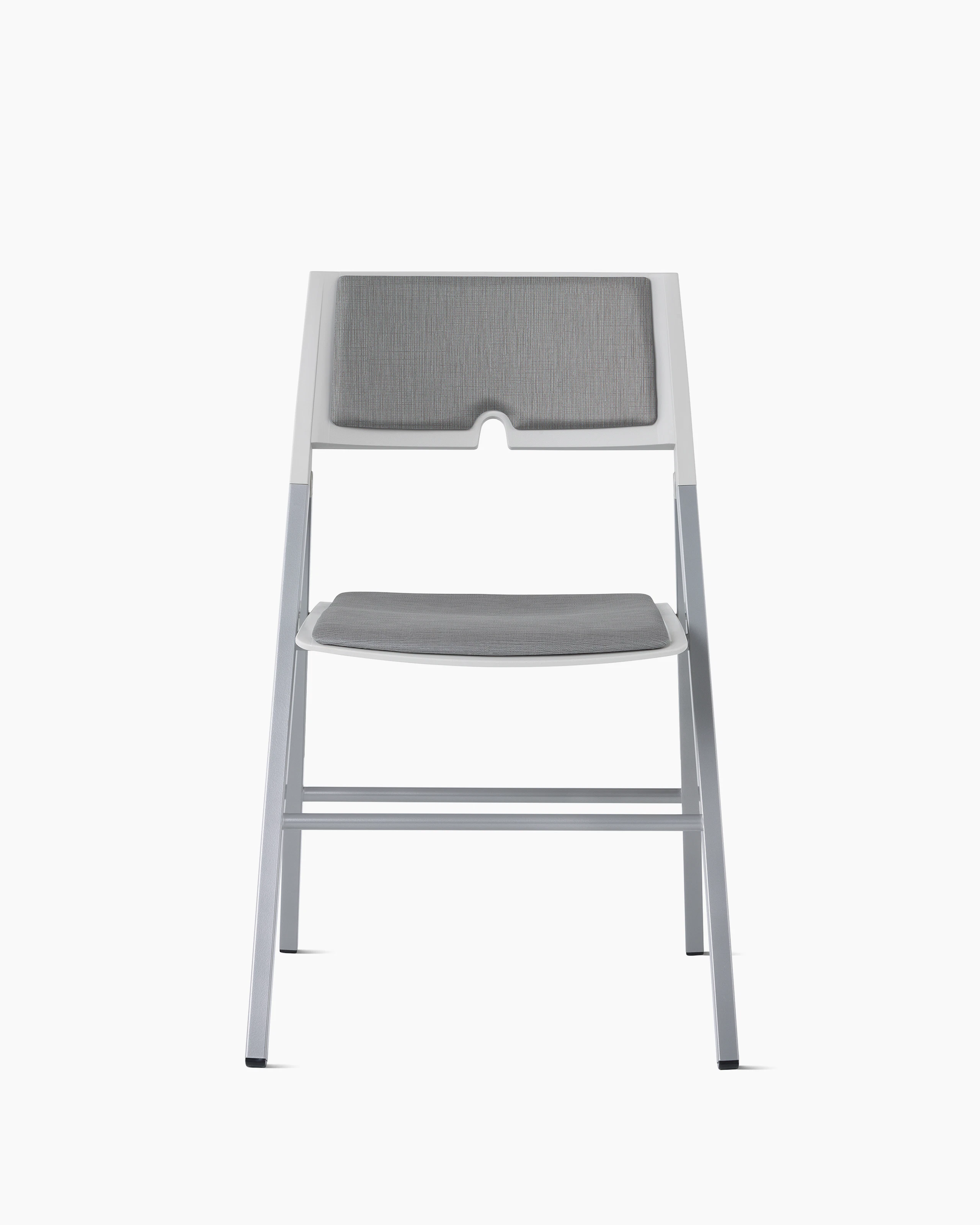 Front view of an Axa Folding Chair with an upholstered seat and back in gray and silver frame and legs.
