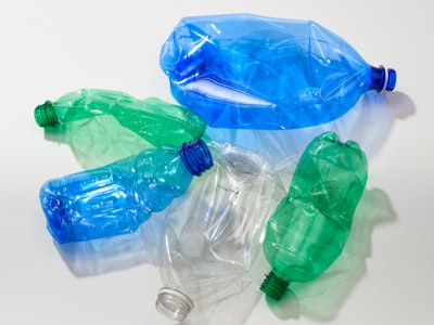 Blue, green, and clear plastic bottles.