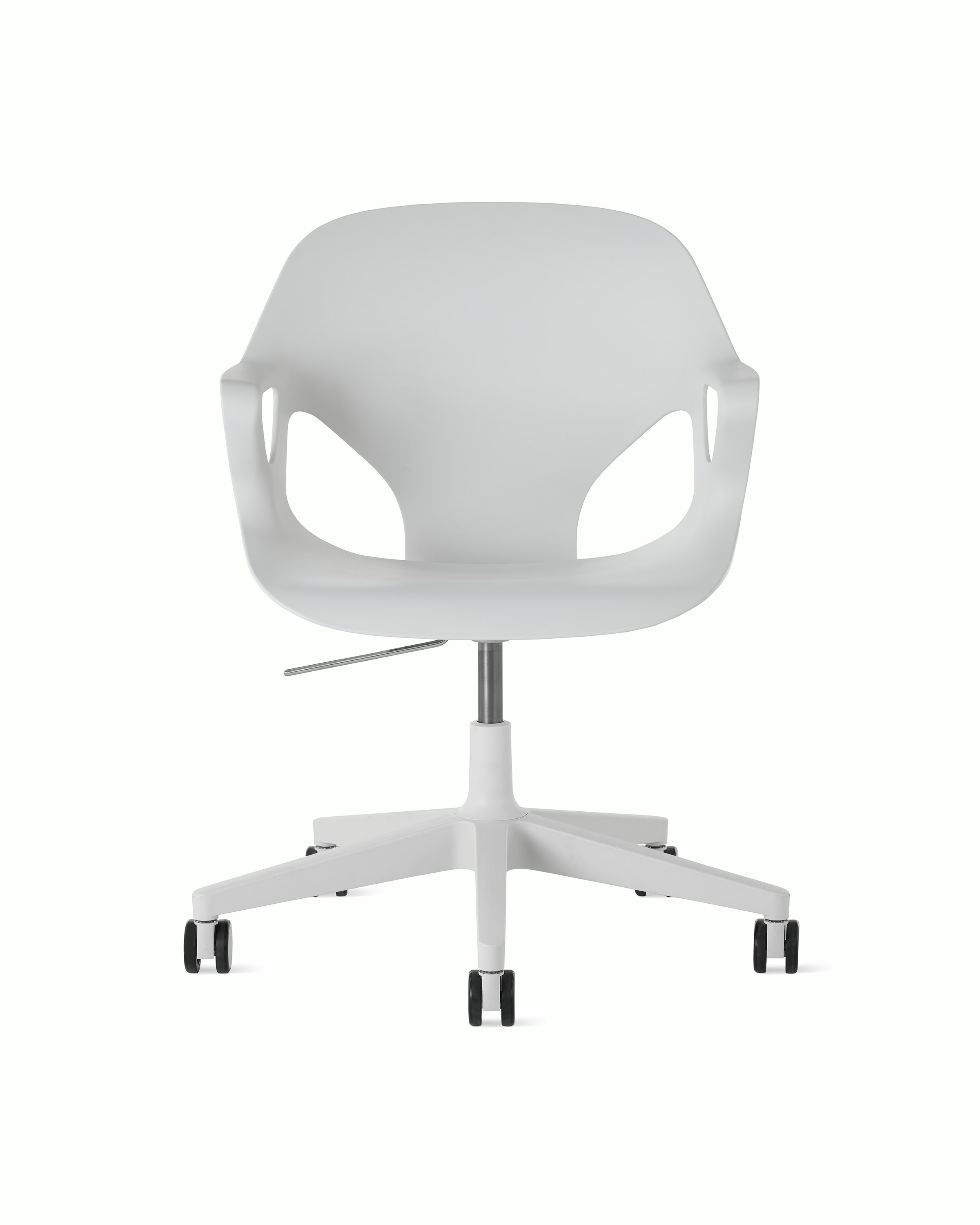 Front  view of a Zeph chair with fixed arms in light grey.