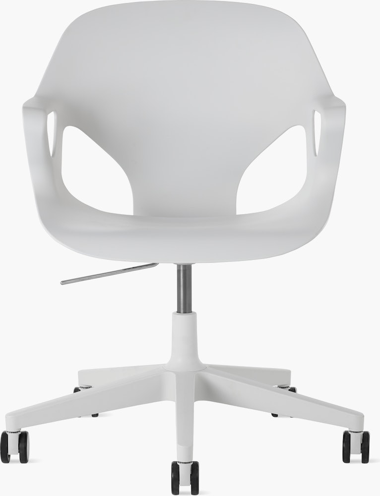 Front  view of a Zeph chair with fixed arms in light grey.