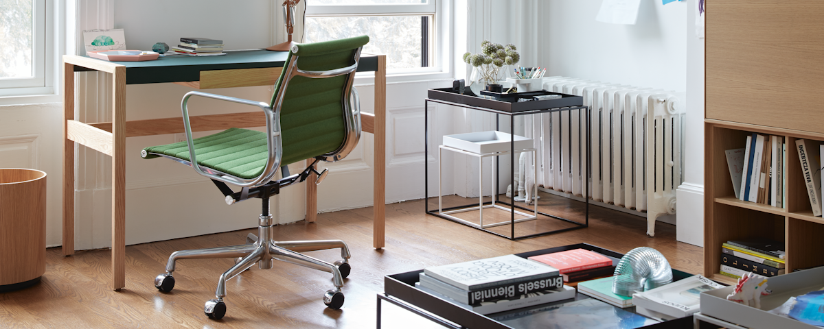 Risom Desk with Eames Aluminum Group Management Chair in a home office setting