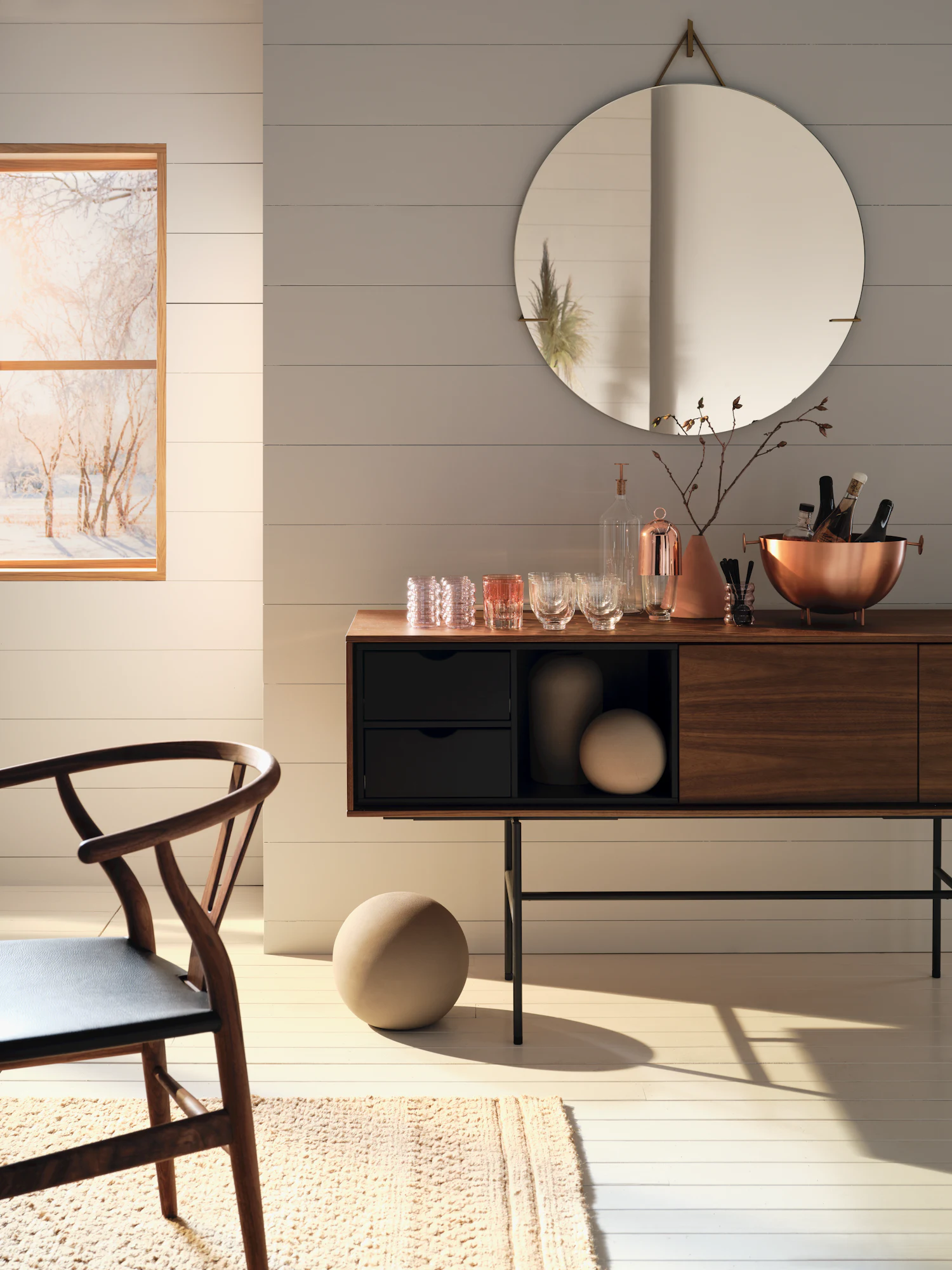Aura credenza with dark interior drawers and oak + dark panel accents