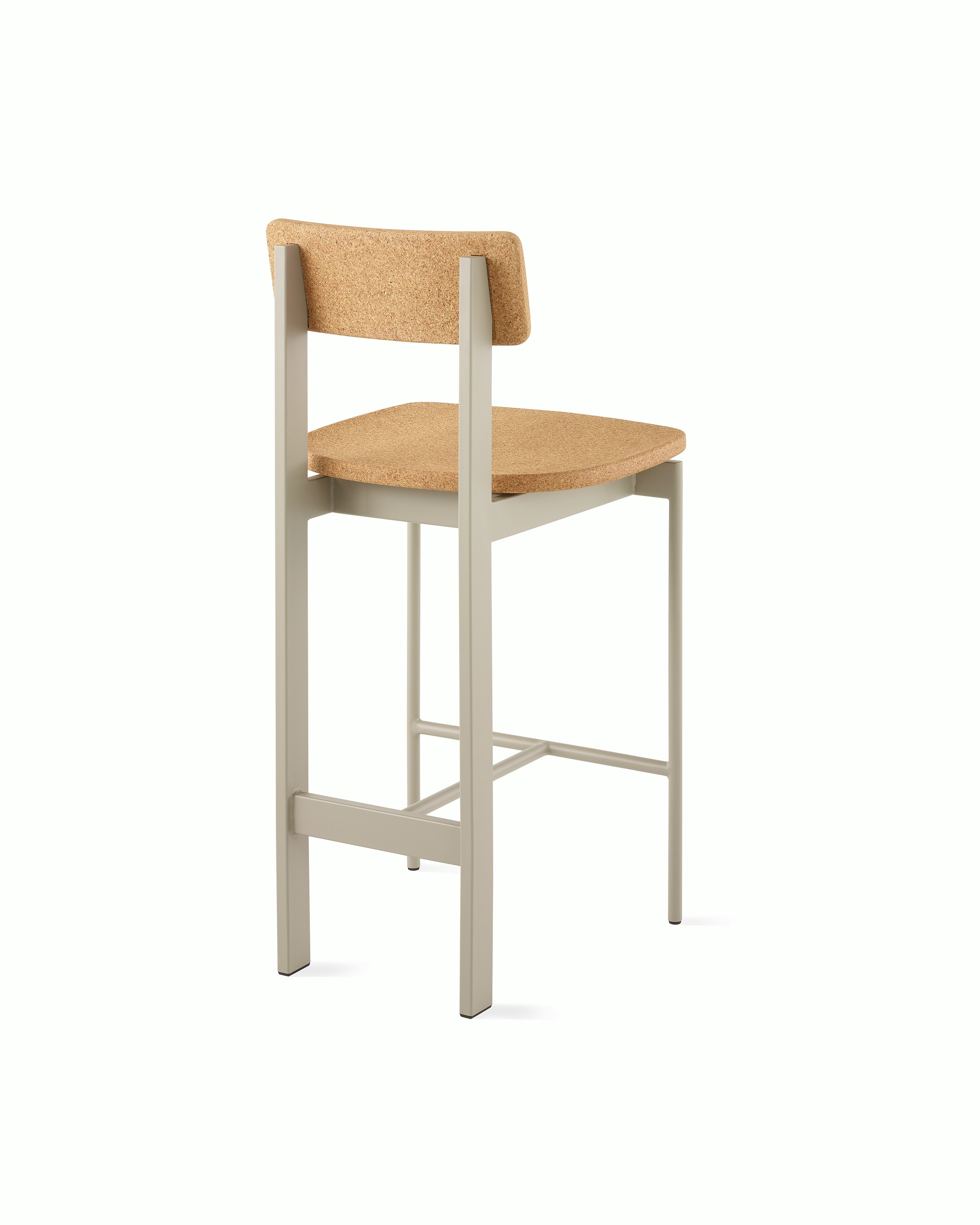 A counter height Betwixt Stool with cork seat and backrest, with a grey frame.