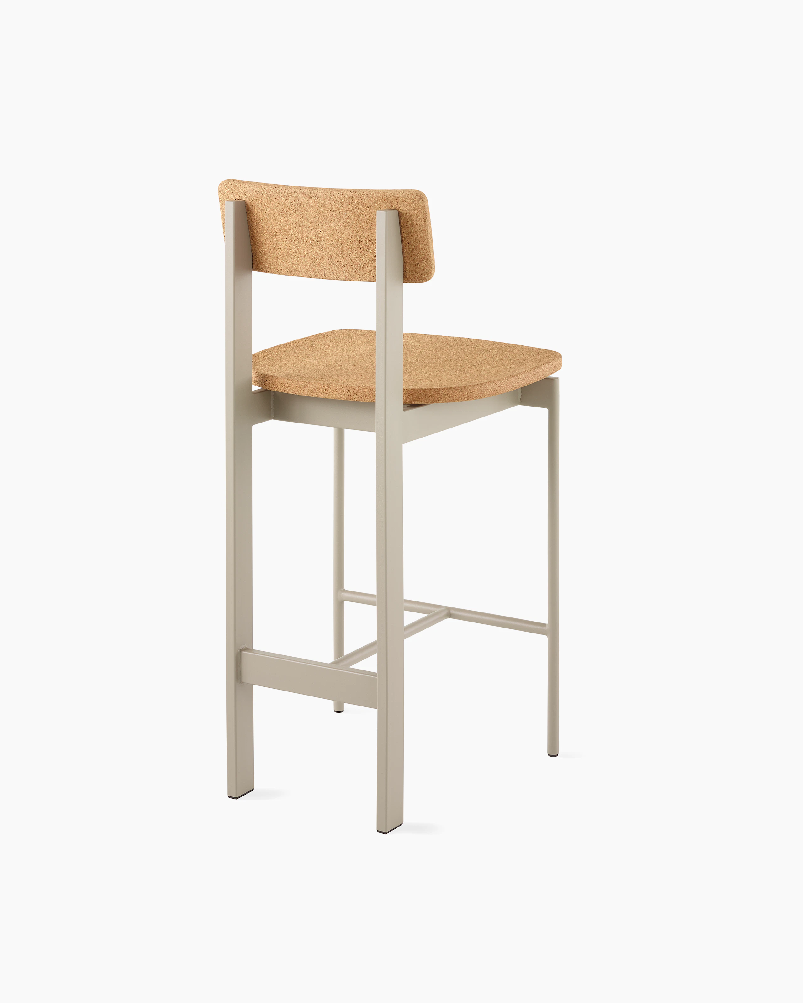 A counter height Betwixt Stool with cork seat and backrest, with a grey frame.