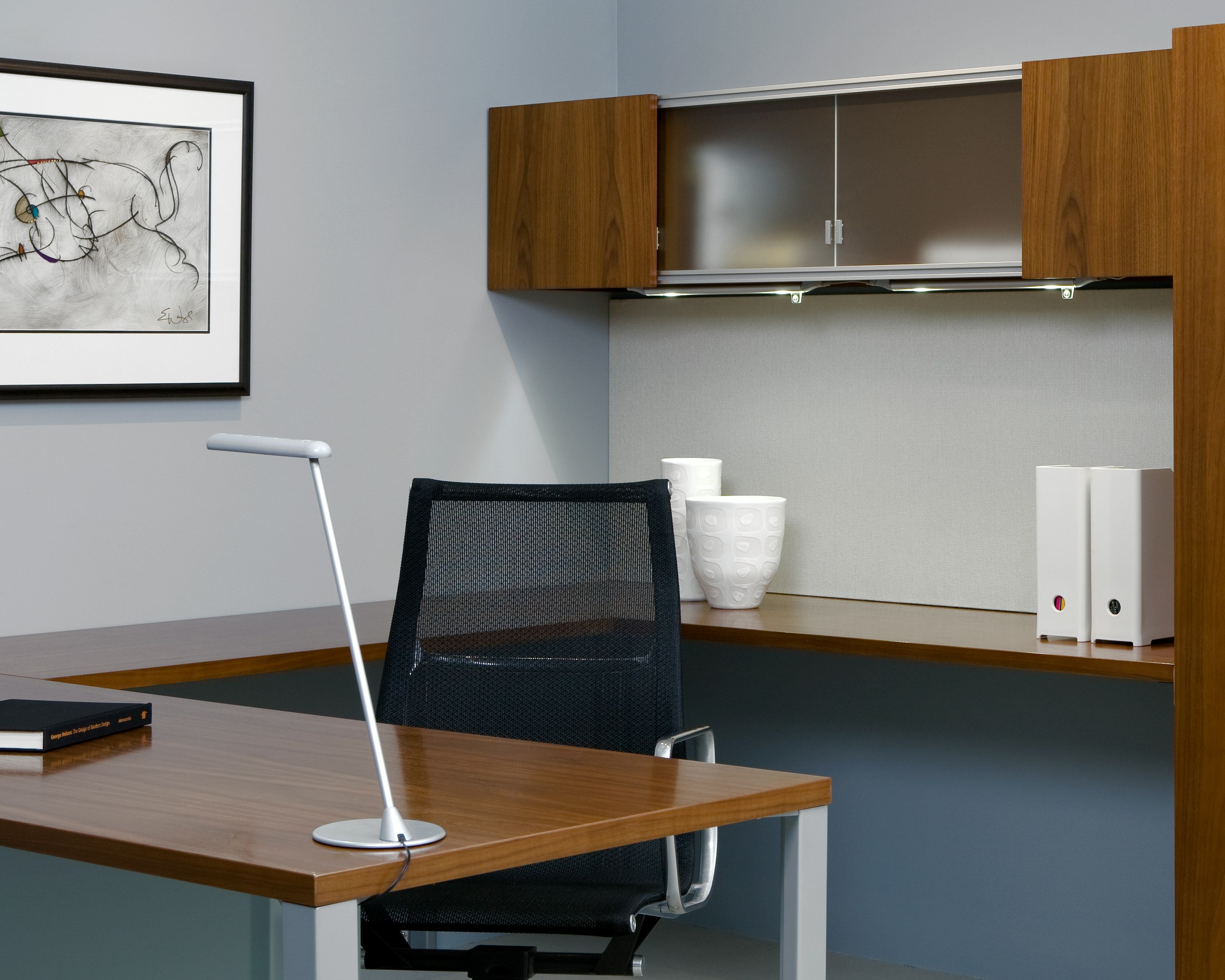 Flute Personal and Twist LED Task Lights with Canvas Private Office