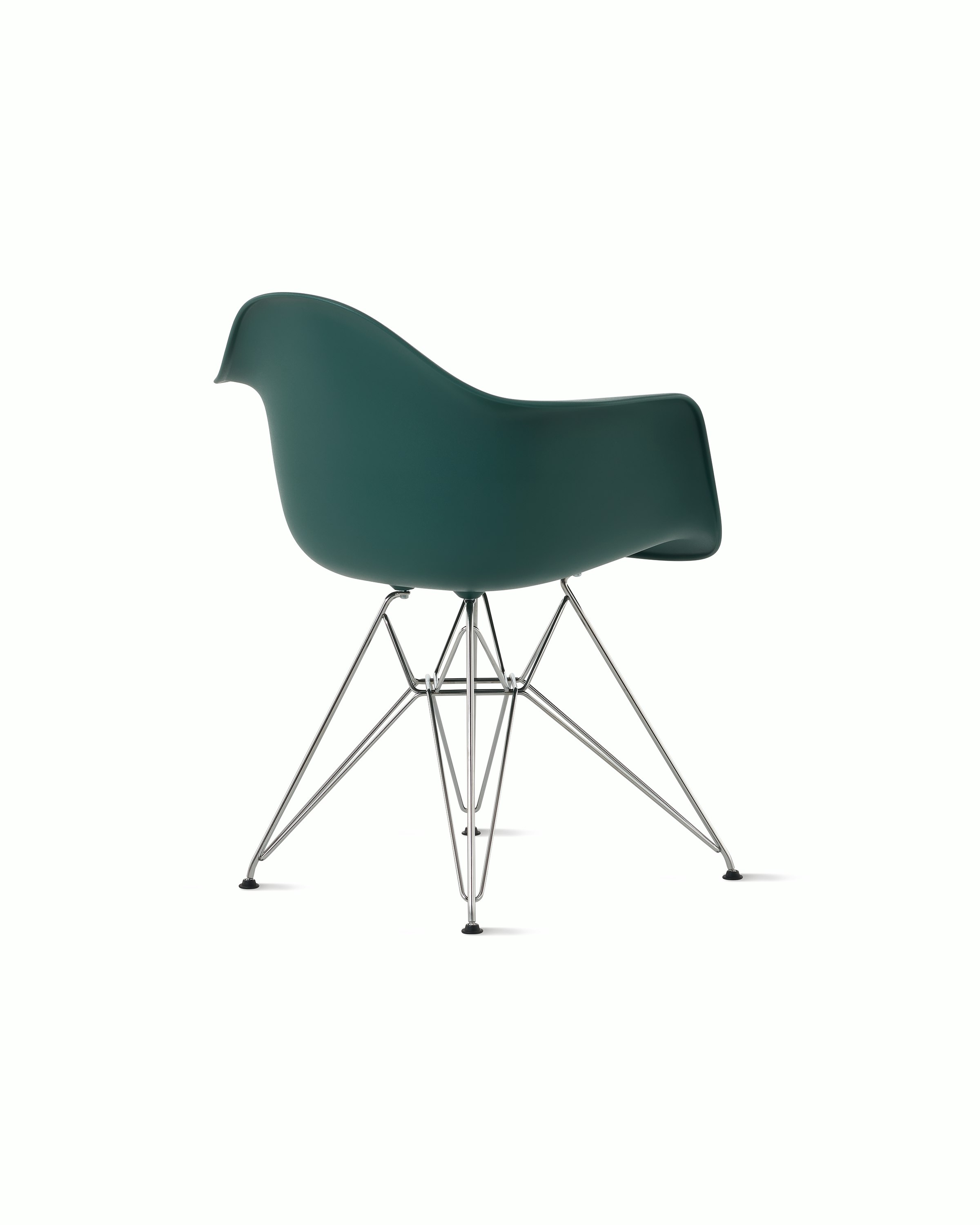 Back angle of evergreen plastic shell chair with wire base legs.