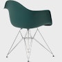 Back angle of evergreen plastic shell chair with wire base legs.