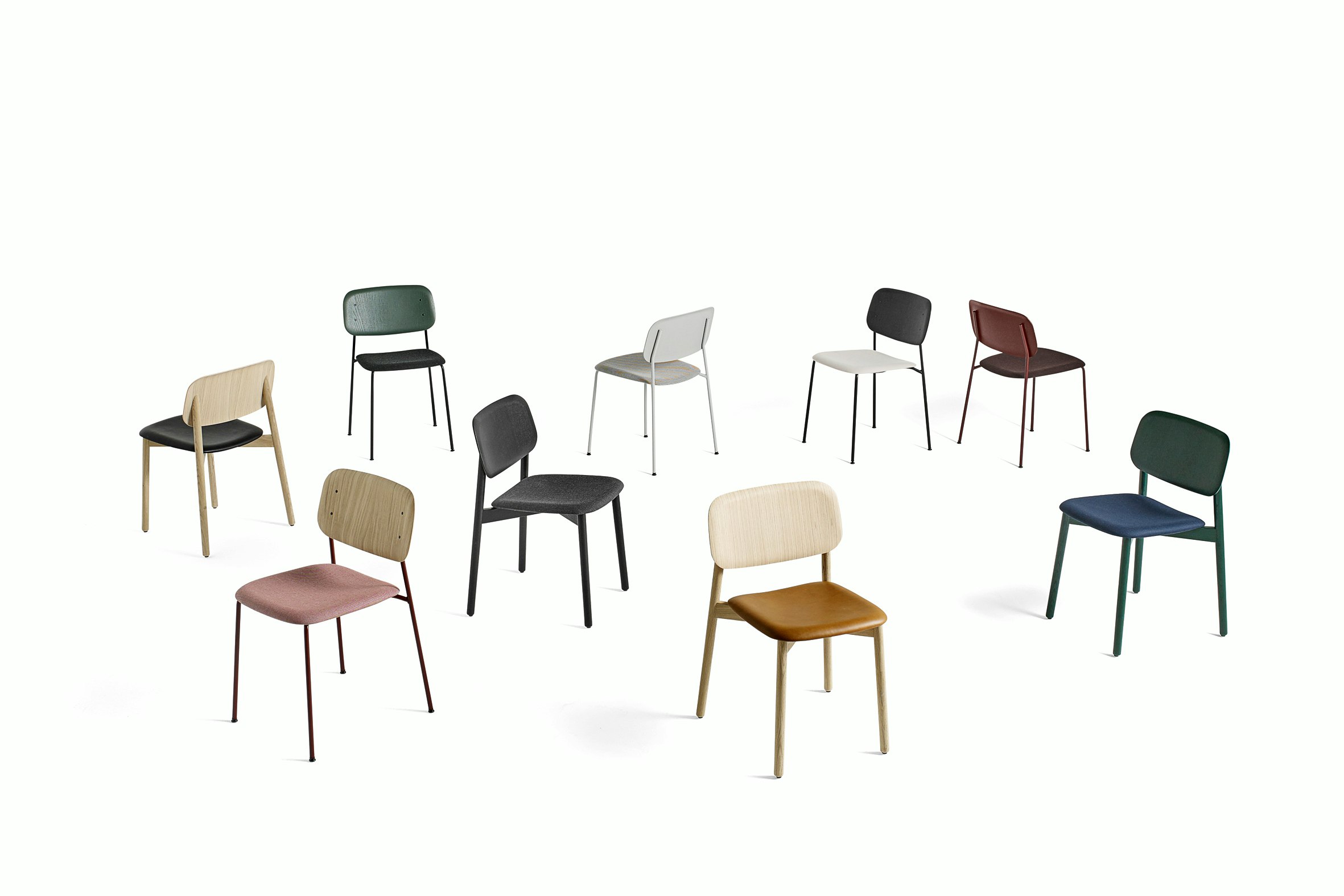 Collection of Soft Edge Chairs in various colors, materials, and orientations.