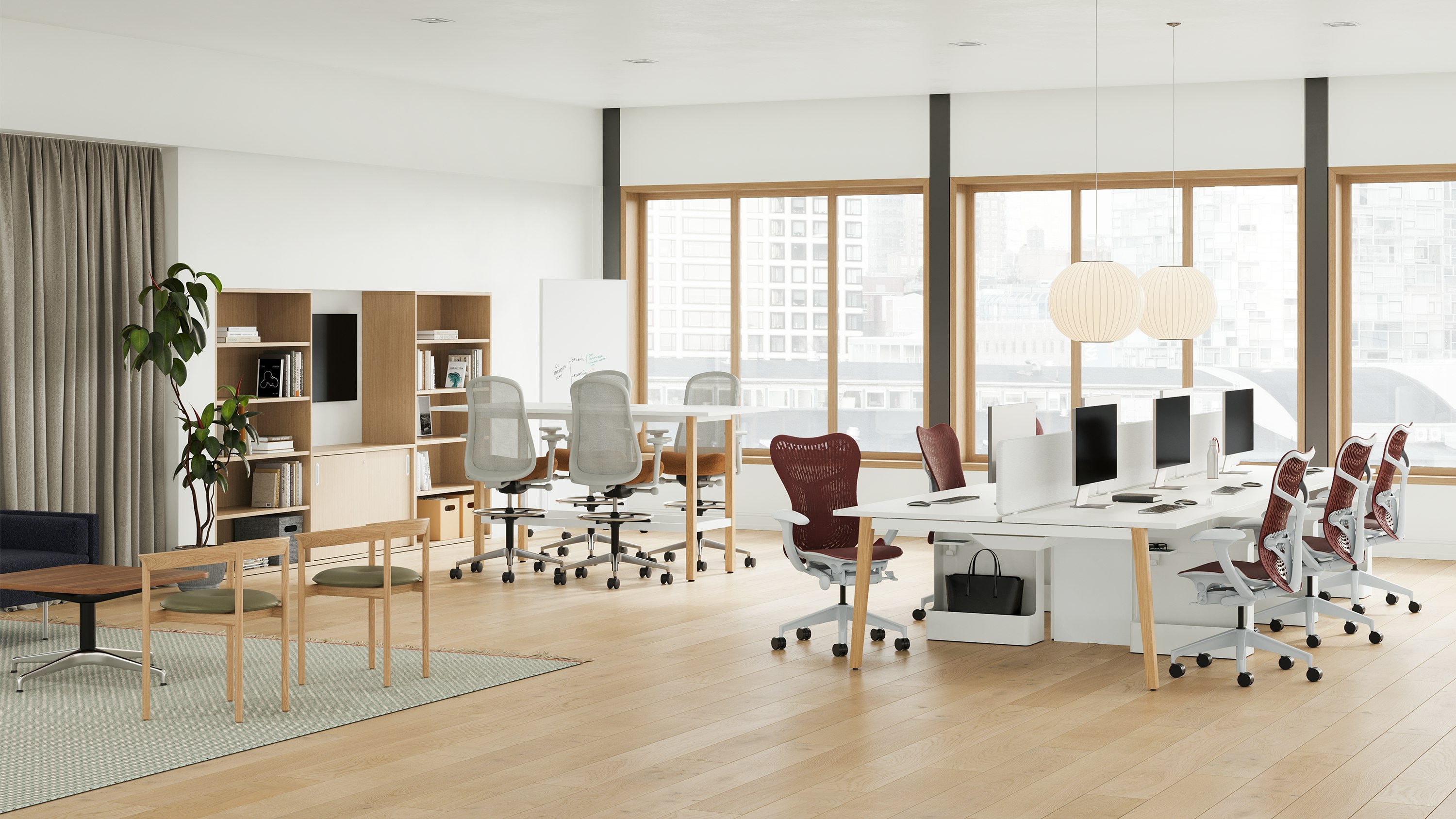 Office space with Layout Studio fixed-height workstations with Aero-Timber leg and Mirra 2 chairs.