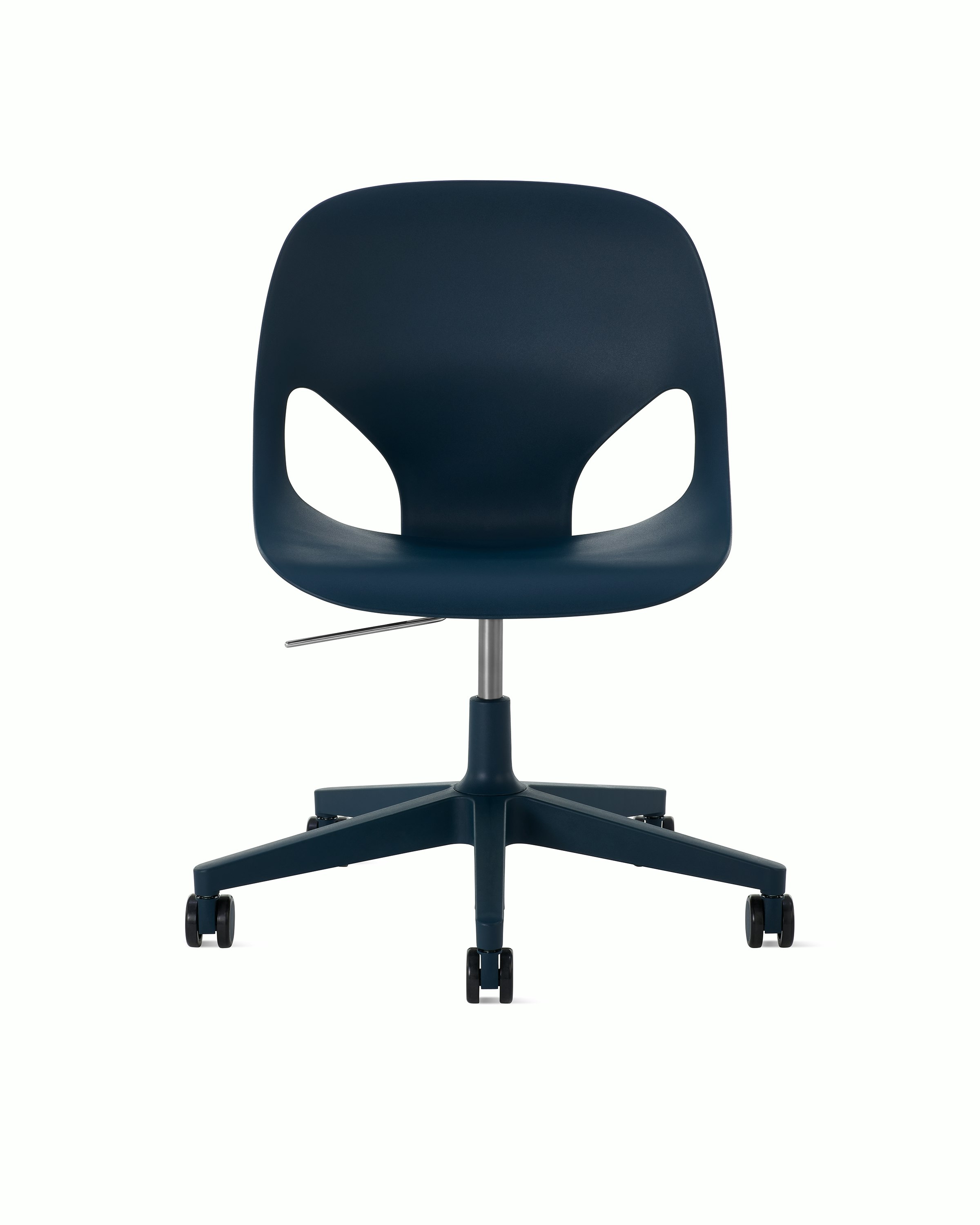 Front view of a dark blue armless Zeph chair.