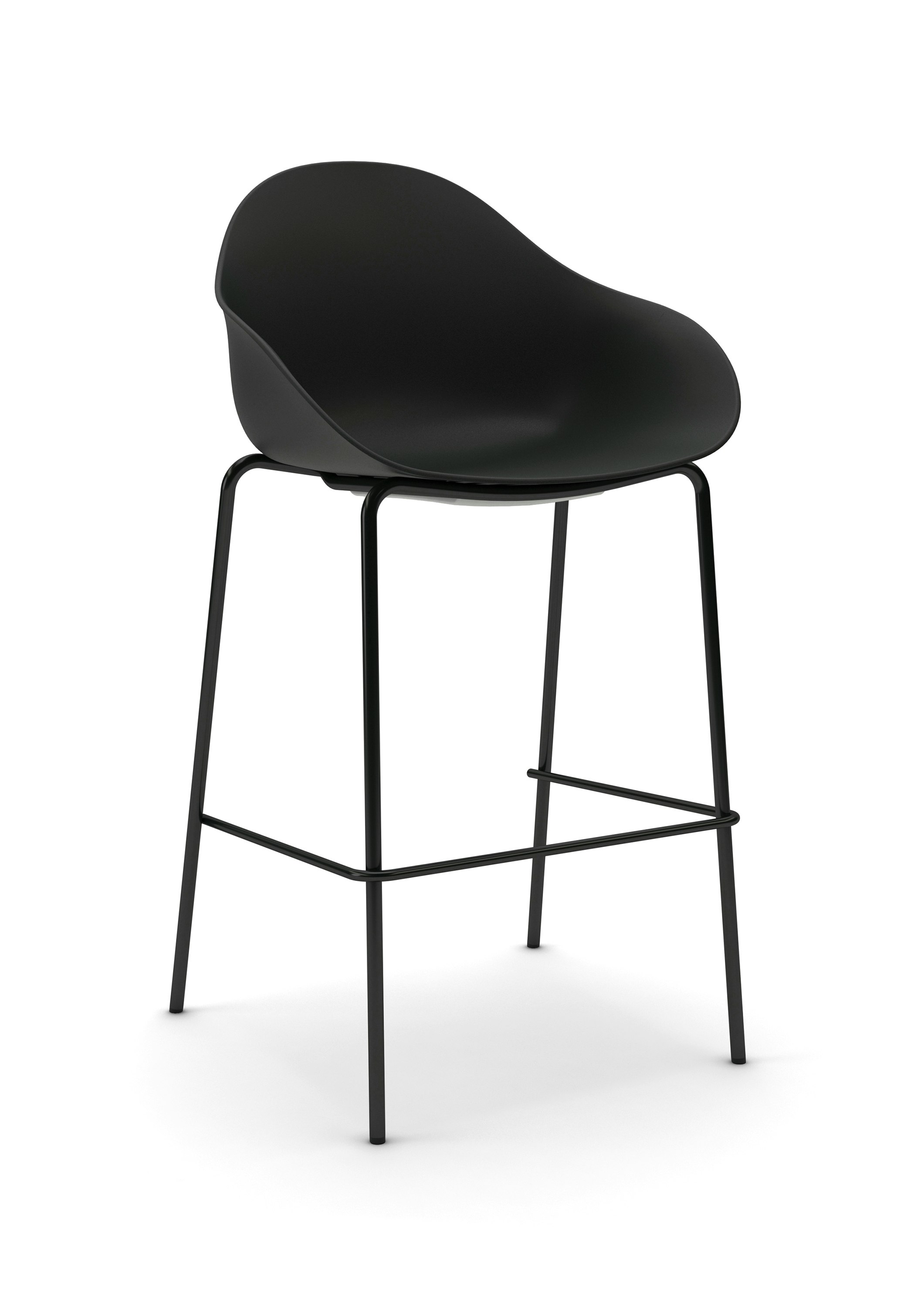 Three-quarter view of a black Ruby Stool with matching bar-height 4-leg base.