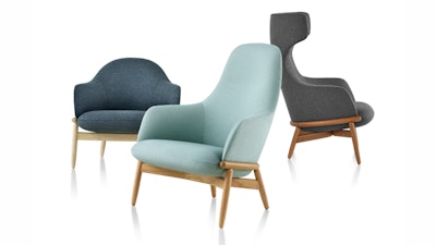 Three different styles of Reframe Lounge Chairs by Geiger on a white background
