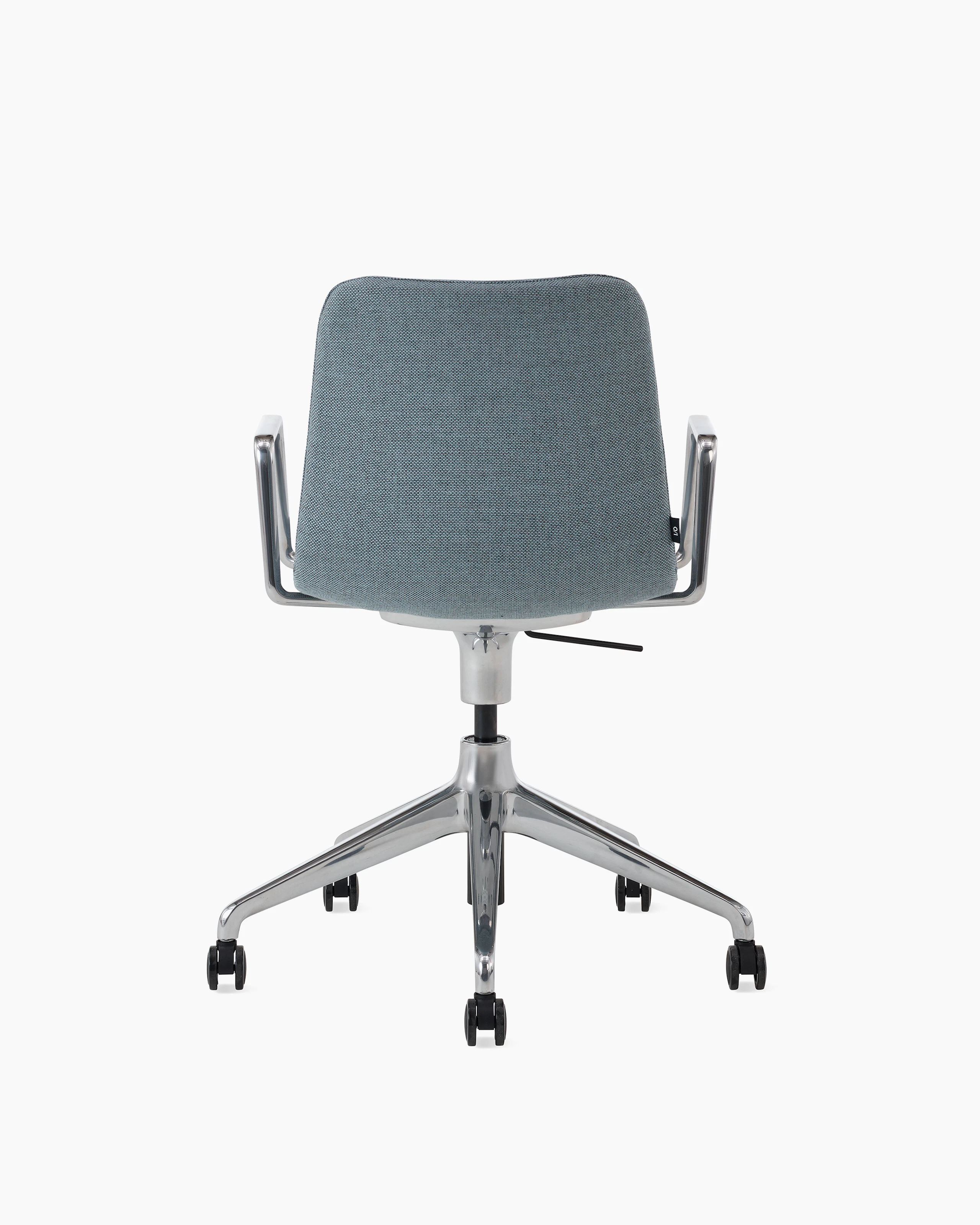 White sweep of Viv chair with light blue fabric and 5 star polished aluminium base with castors