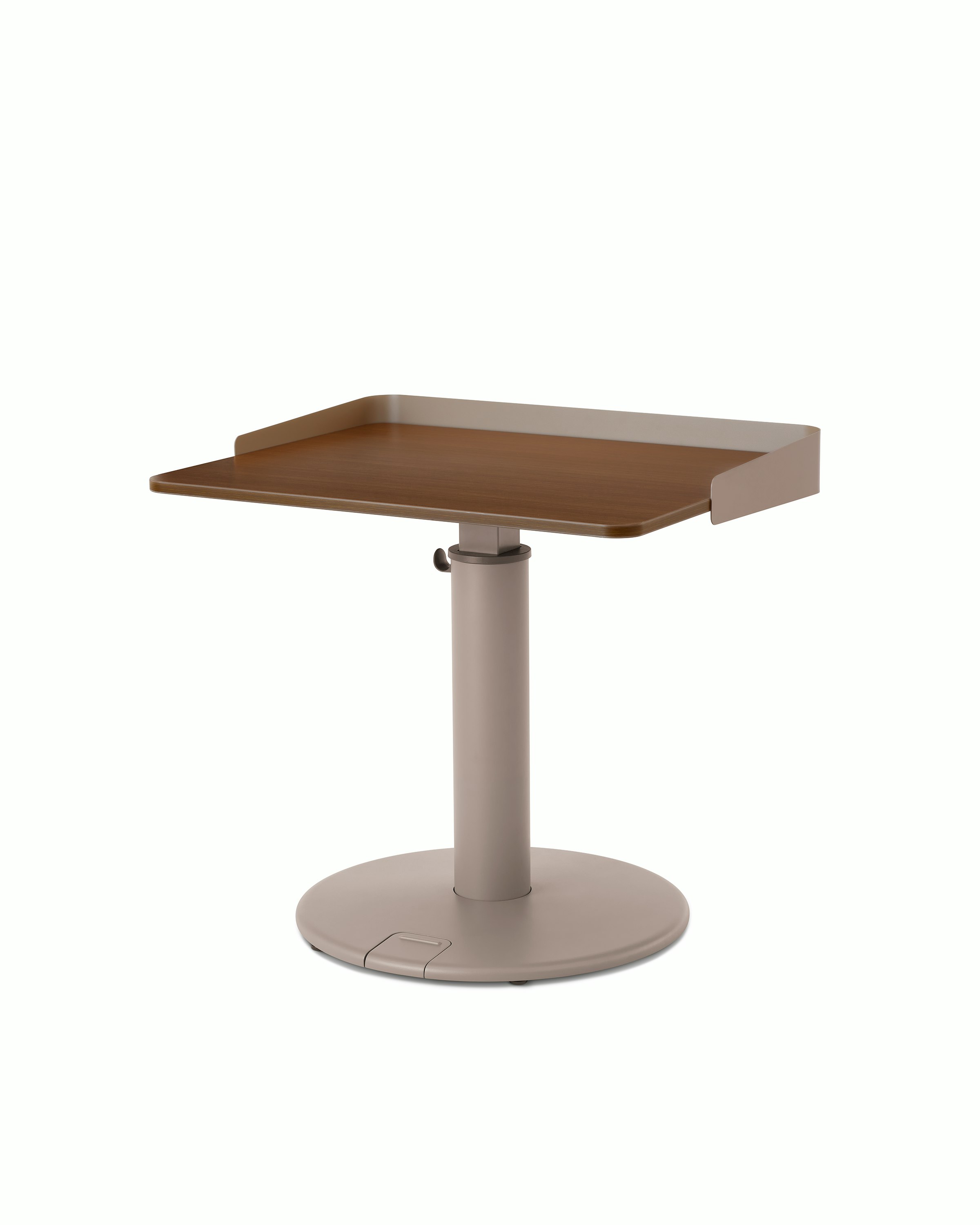 OE1 Sit-to-Stand Table with light brown base and brown rectangular surface, viewed from a front angle.