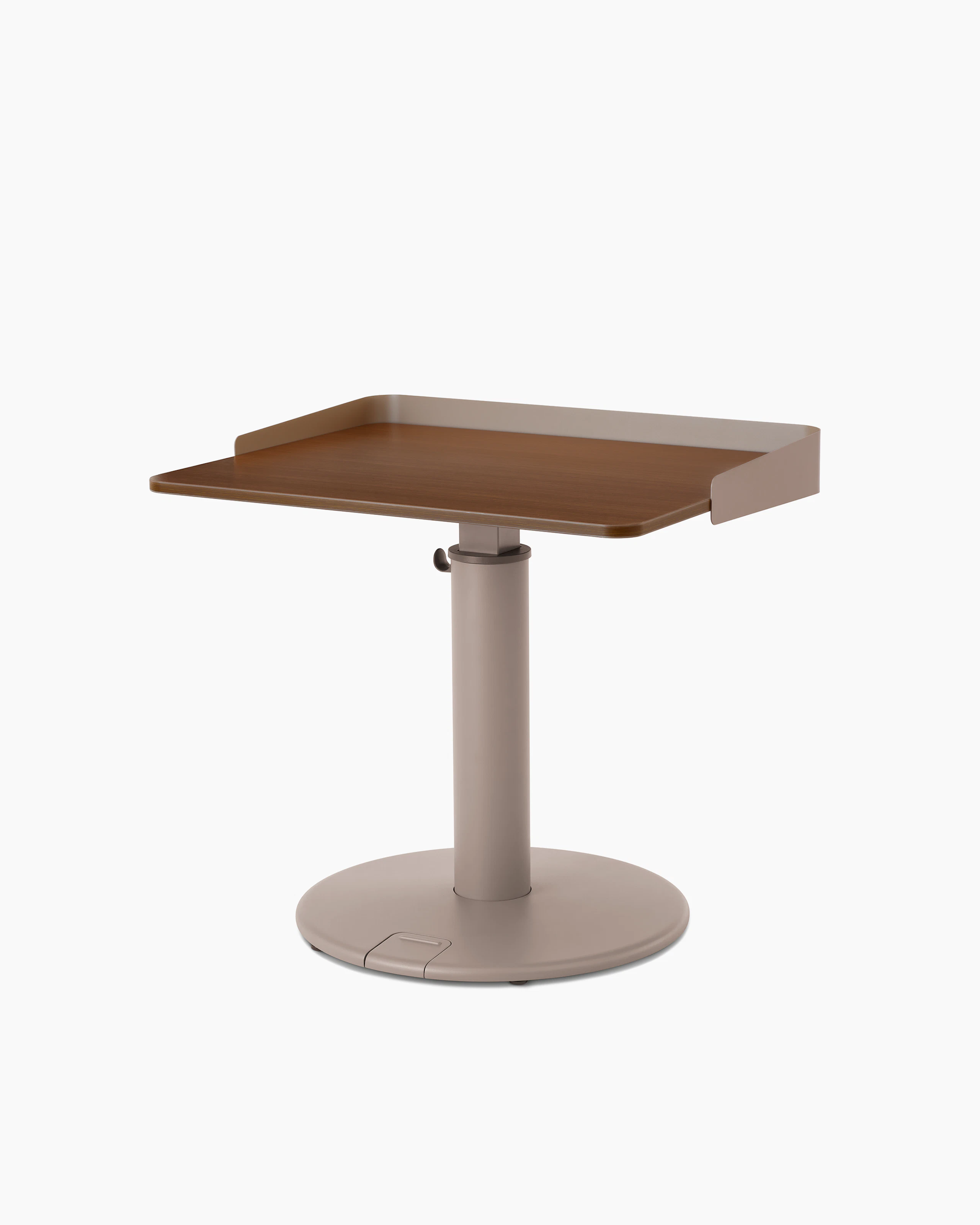 OE1 Sit-to-Stand Table with light brown base and brown rectangular surface, viewed from a front angle.