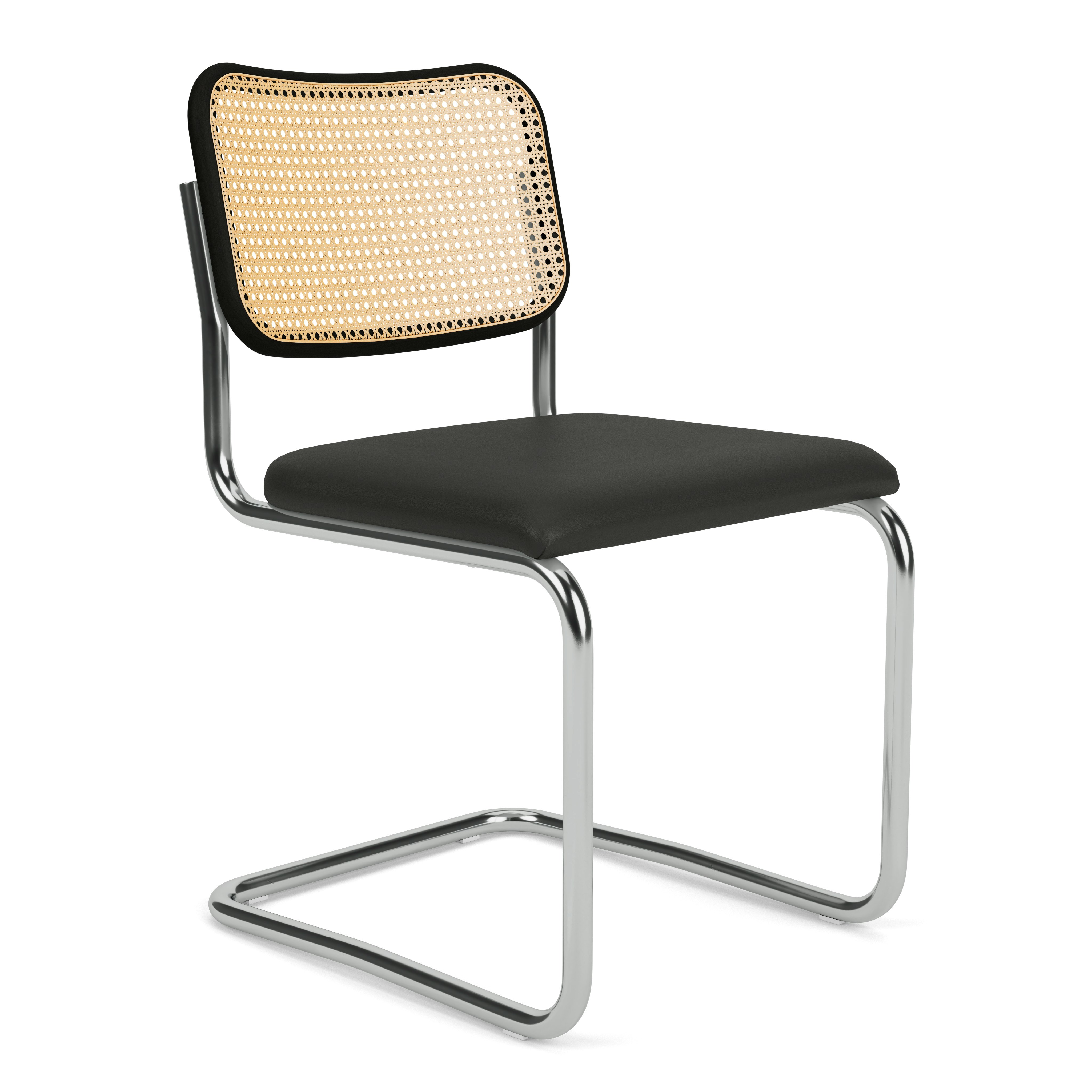 Cesca Side Chair, Caned \ Ebonized BeechBack, Upholstered Seat, Acqua Leather, Black