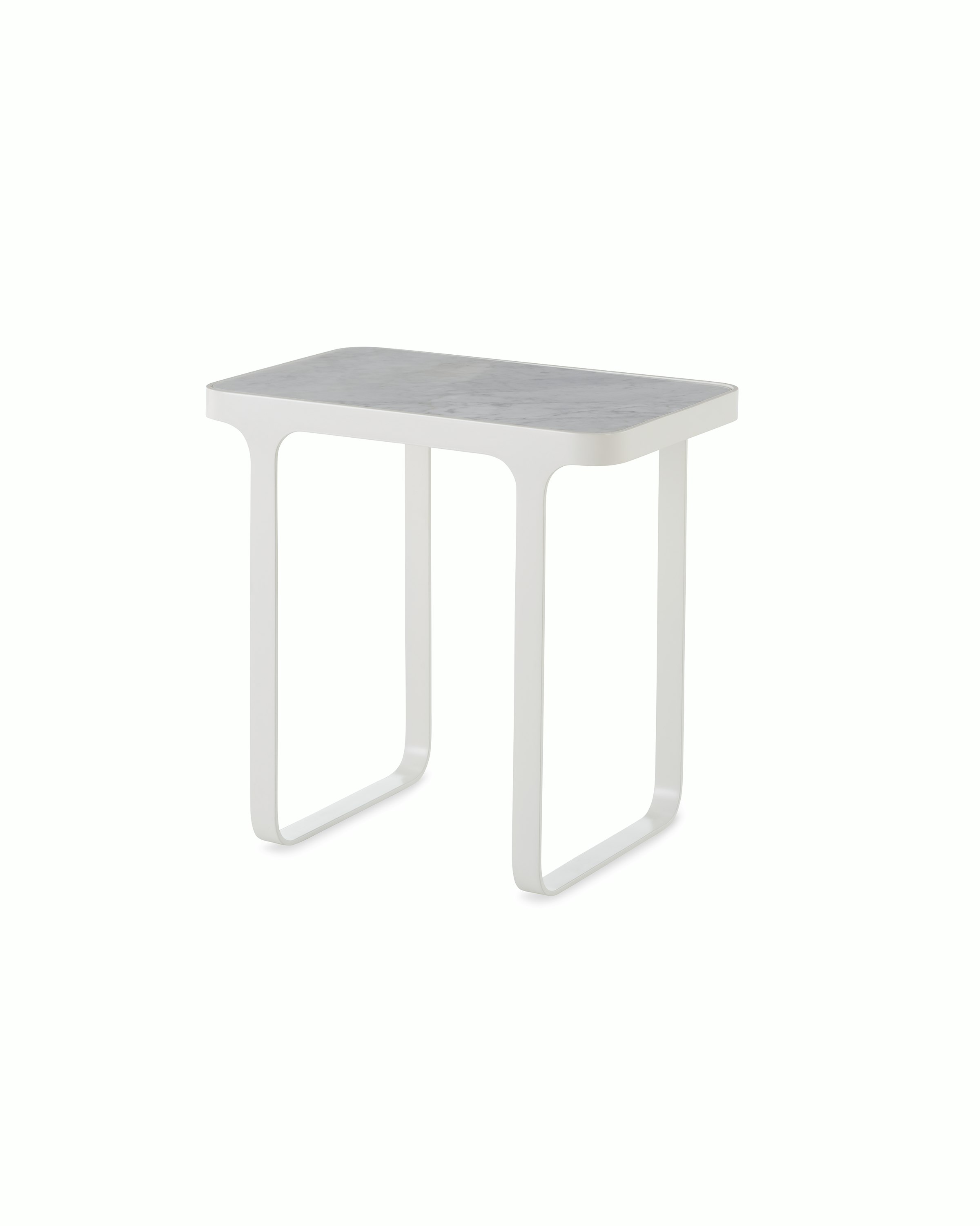 White sweep shot of white Trace Side table with marble top.