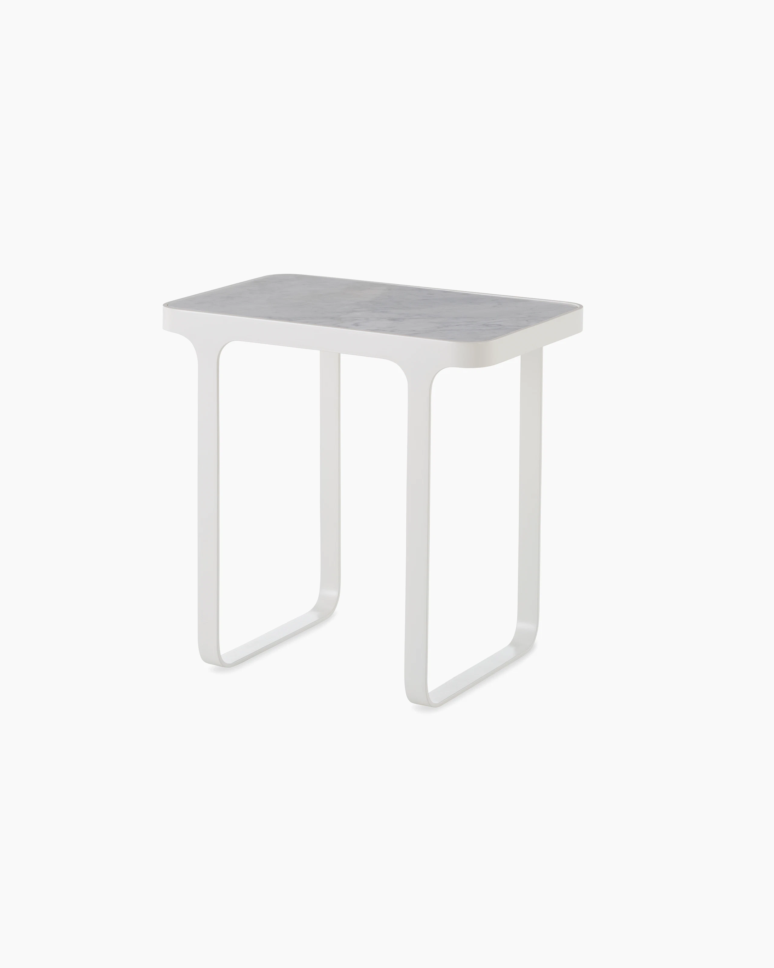 White sweep shot of white Trace Side table with marble top.
