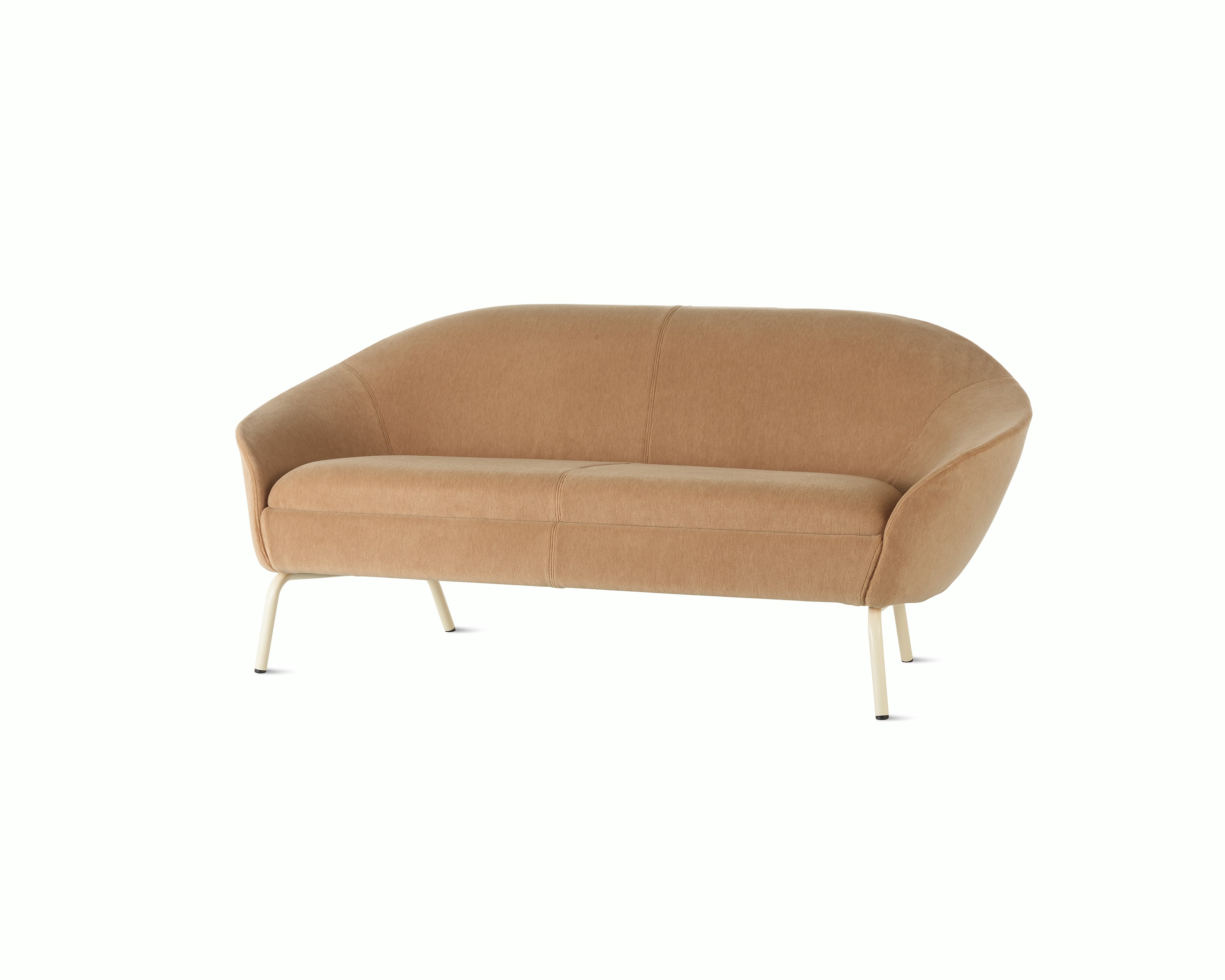 A front angled view of a neutral brown upholstered Ever two-seat Sofa with oyster steel legs.