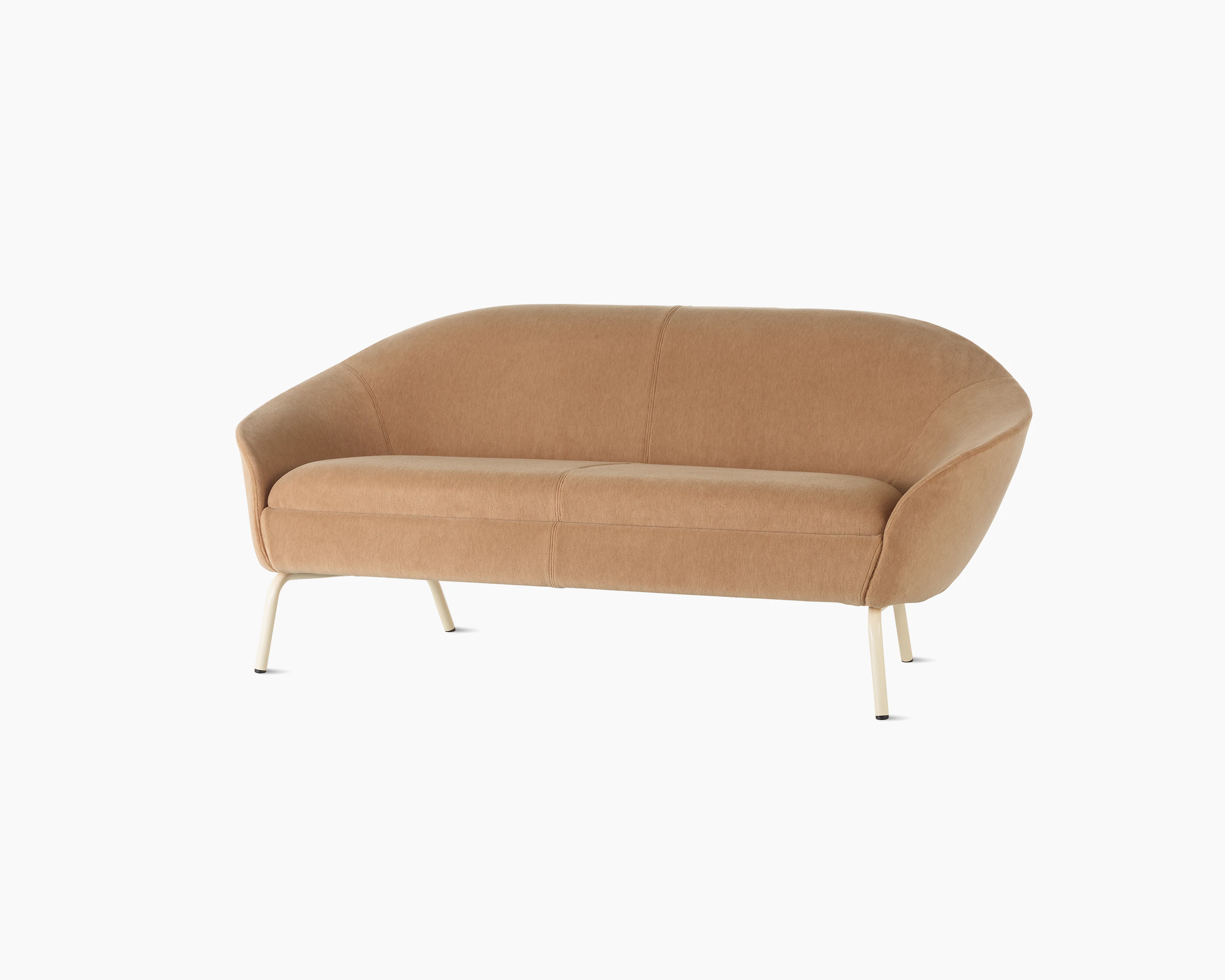 A front angled view of a neutral brown upholstered Ever two-seat Sofa with oyster steel legs.