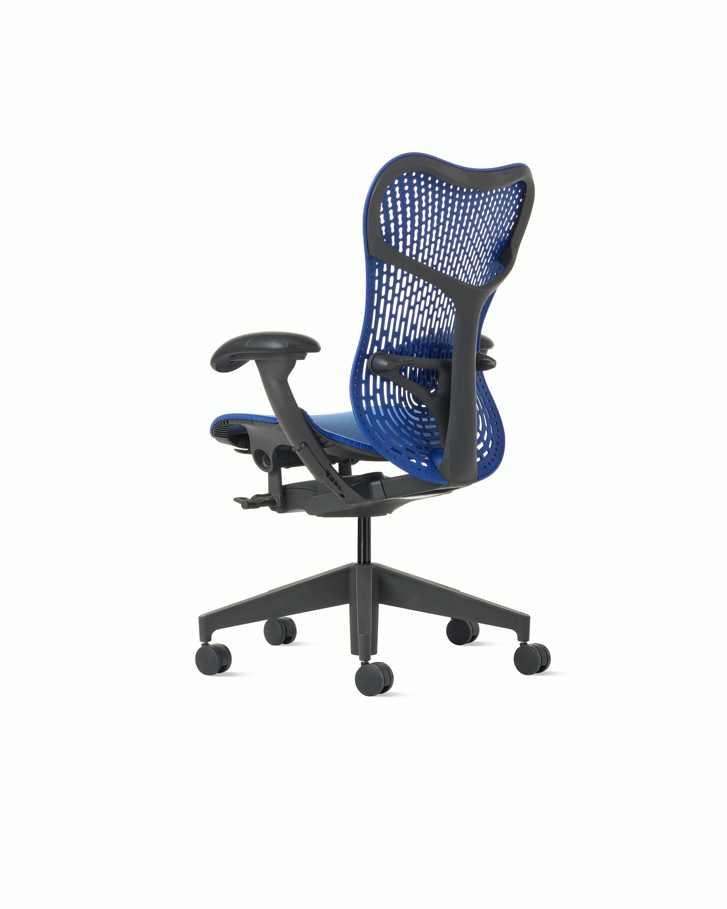 Rear  angle view of a Mirra 2 chair with a Triflex back in ultramarine blue.