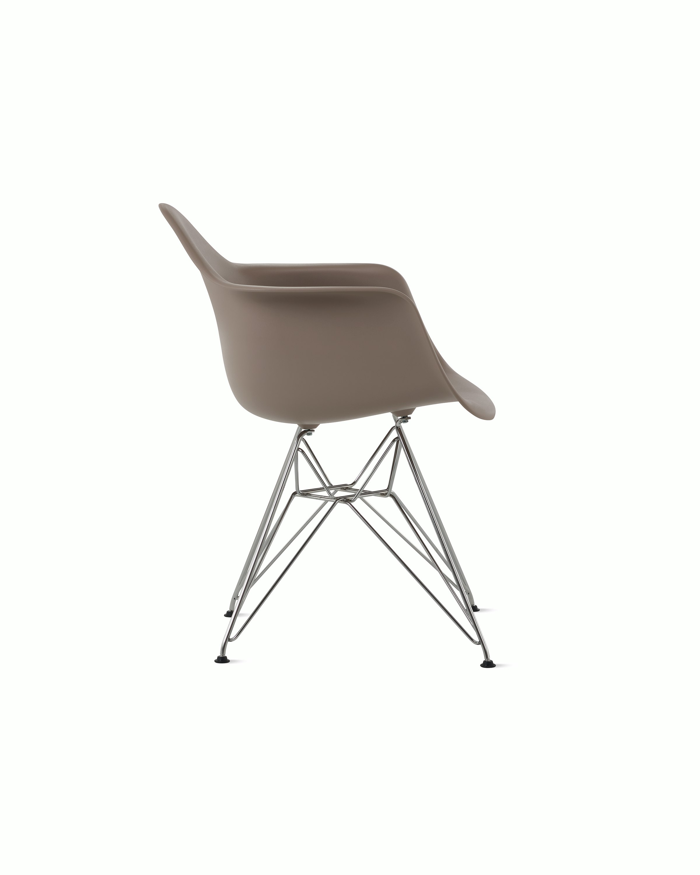 Side of cocoa plastic shell chair with wire base legs.