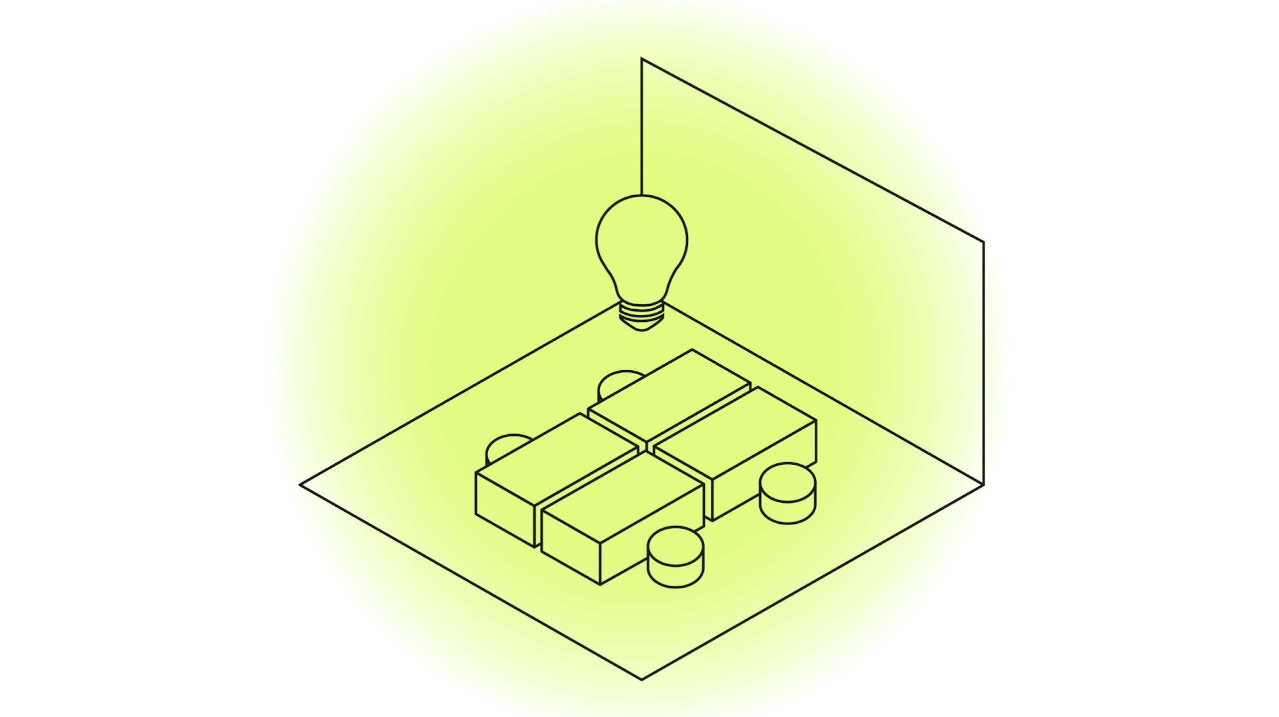 A yellow illustration with a lightbulb above tables that represents an increase in conversational transparency