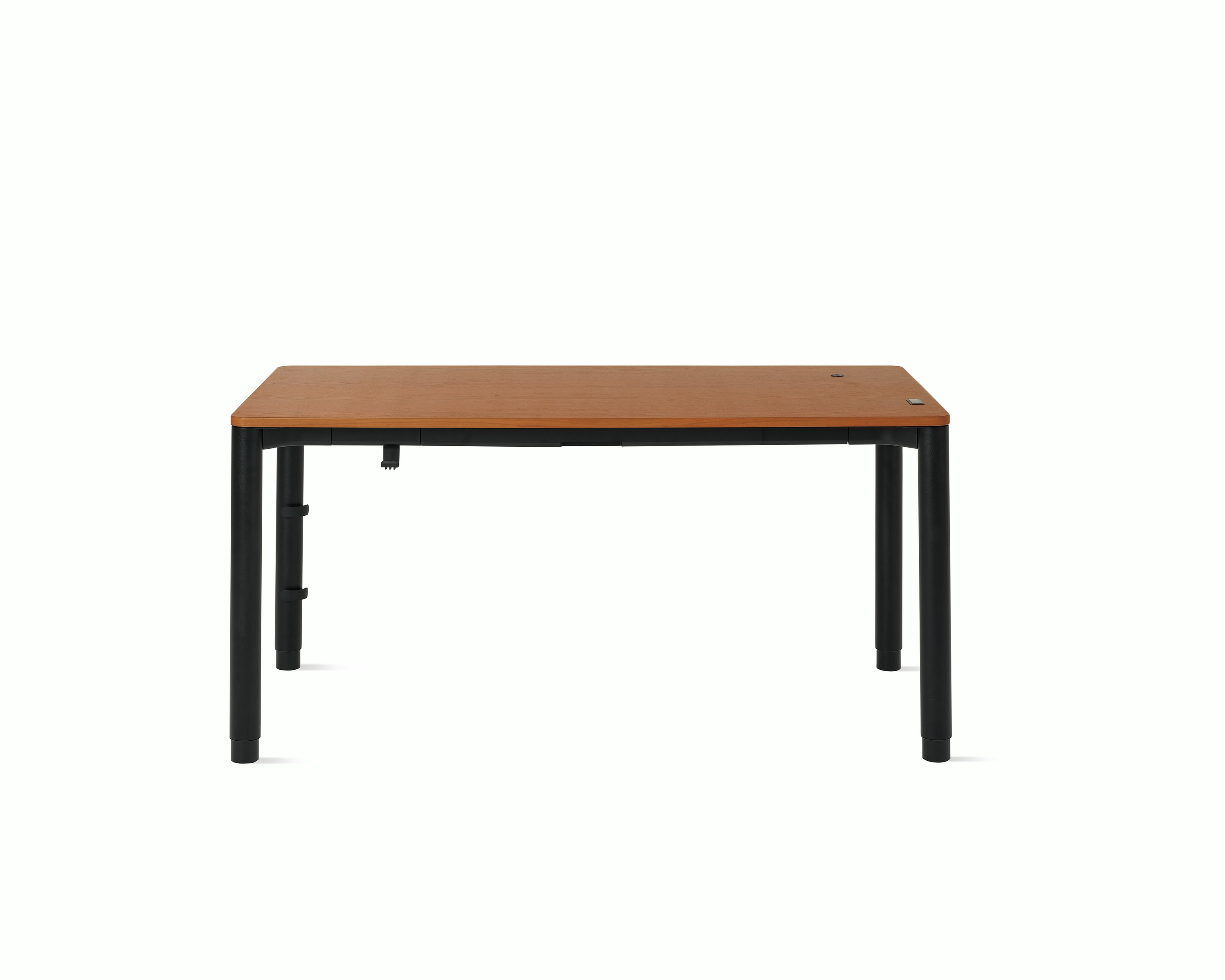 Four leg height-adjustable table shown at an angle with a dark woodgrain surface and black base.