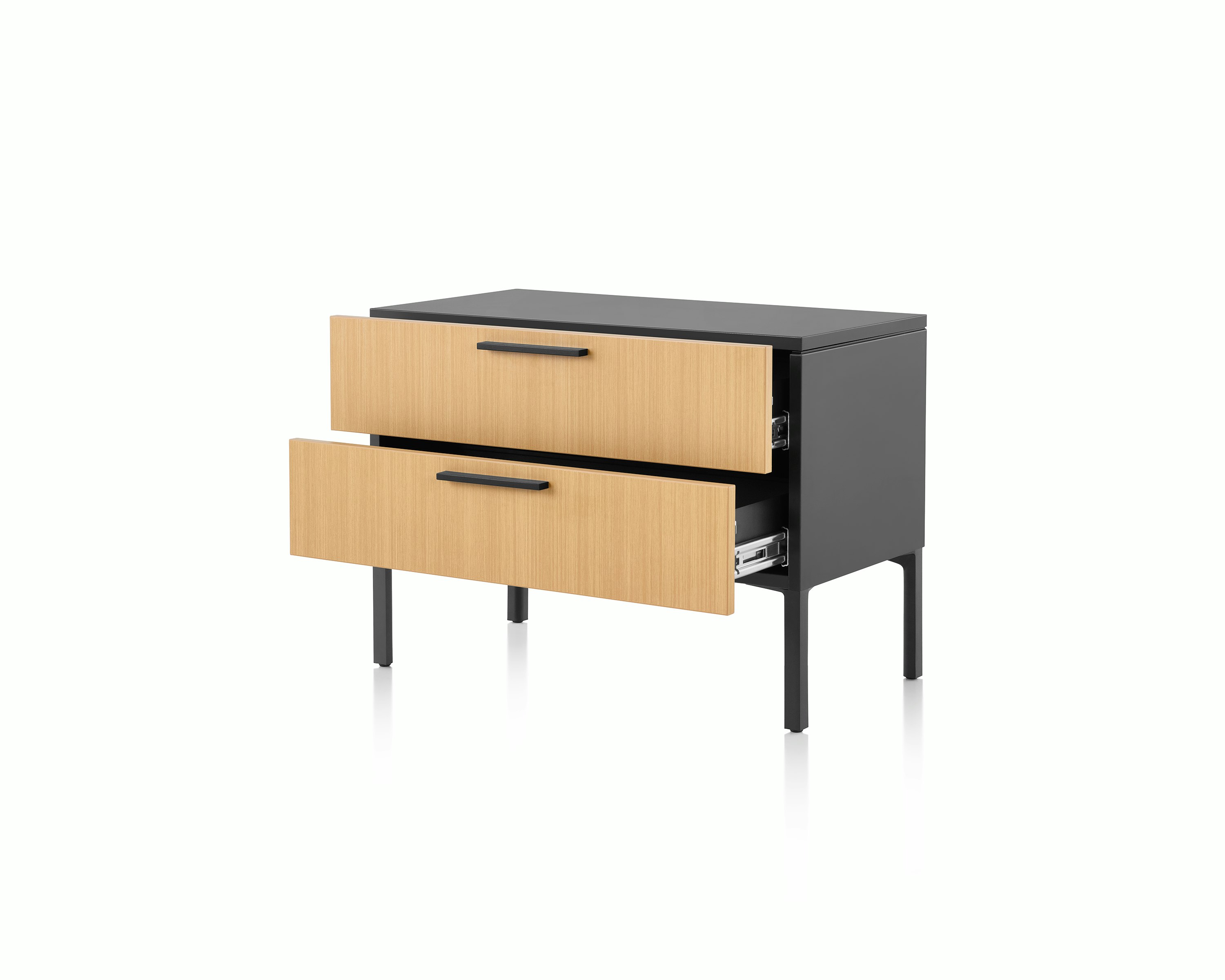 Brown and black Tu Wood individual credenza with two open box drawers, viewed at an angle.