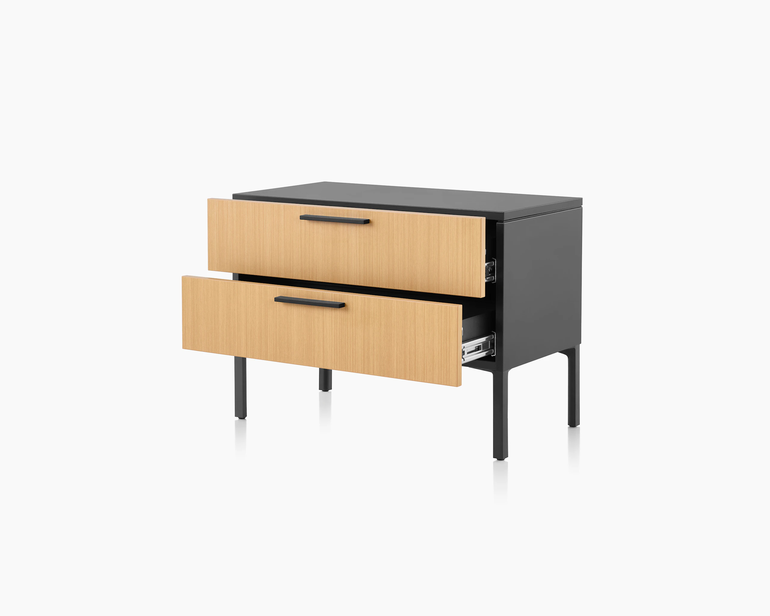 Brown and black Tu Wood individual credenza with two open box drawers, viewed at an angle.
