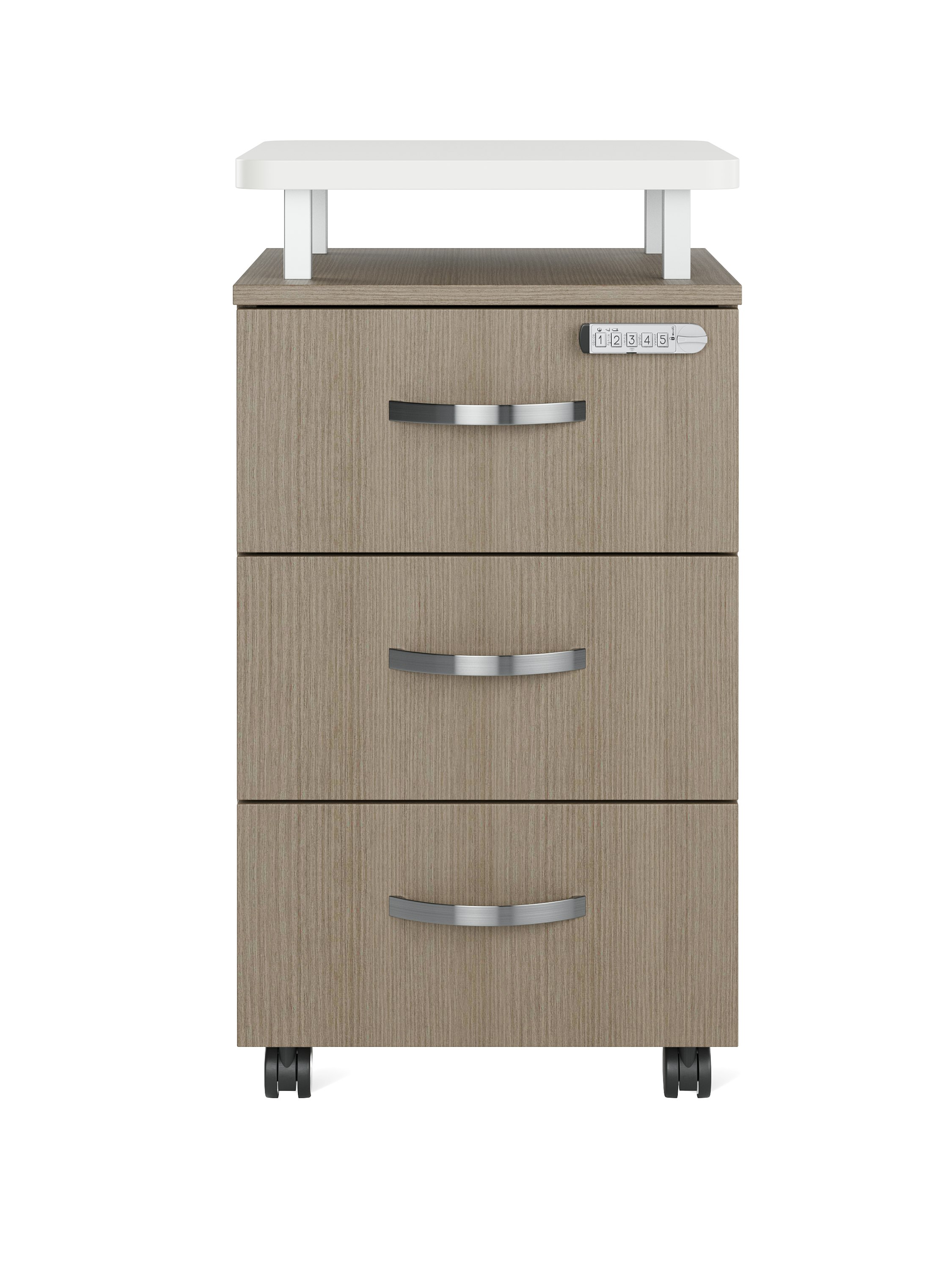 A front view of a single Nemschoff Bedside Cabinet in a bleached beige finish with three drawers, champagne metallic arc pulls, a keyless lock, a raised top in a white laminate, and casters.