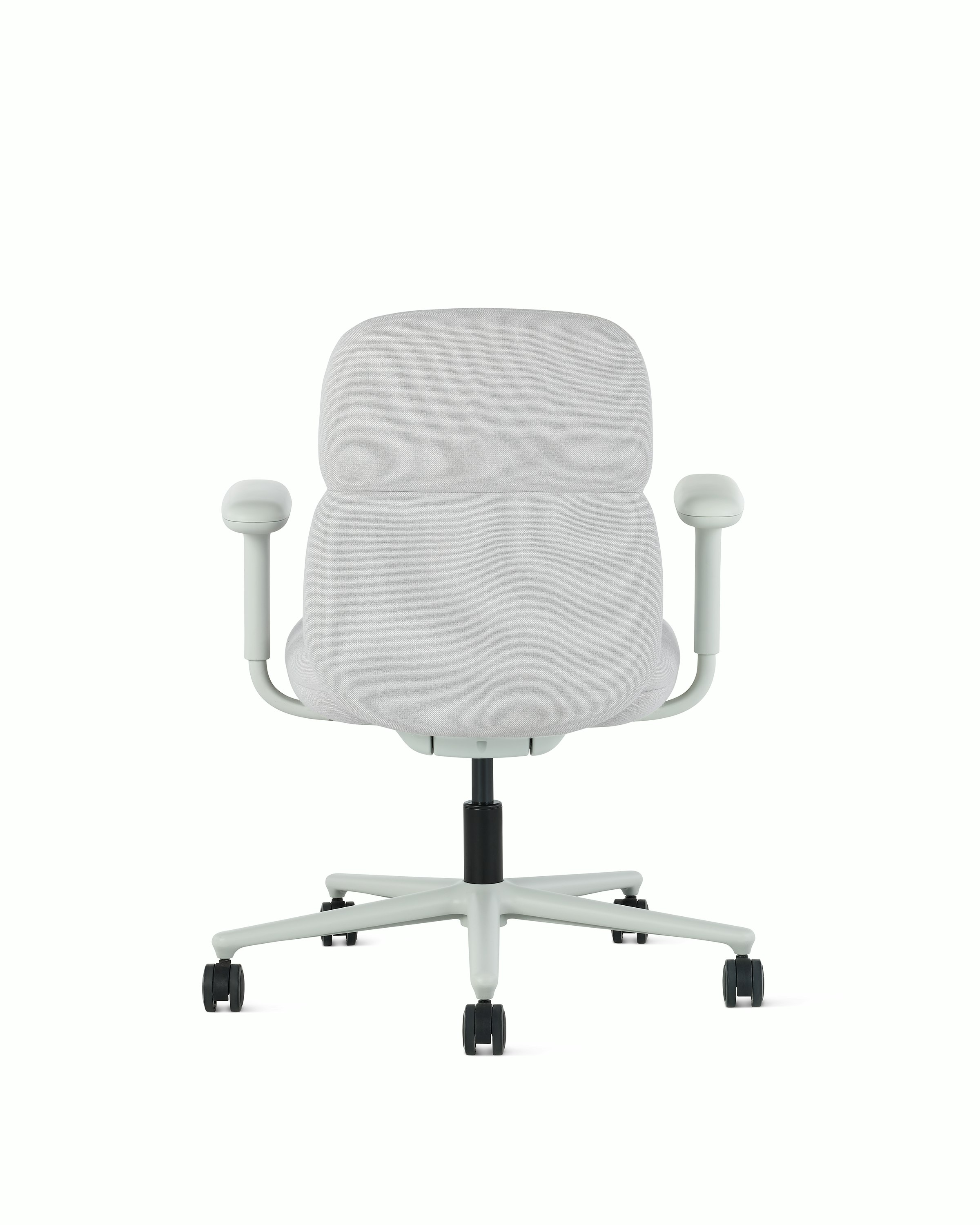 Rear view of a mid-back Asari chair by Herman Miller in light grey with height adjustable arms.