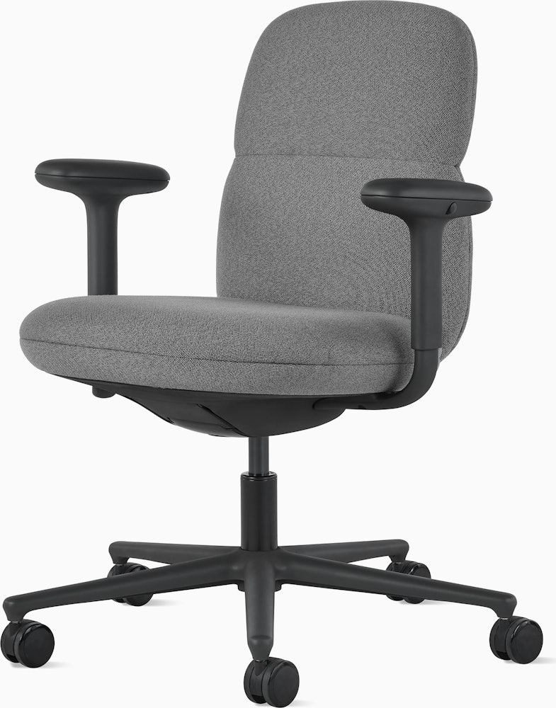 Front angle view of a mid-back Asari chair by Herman Miller in dark grey with height adjustable arms.