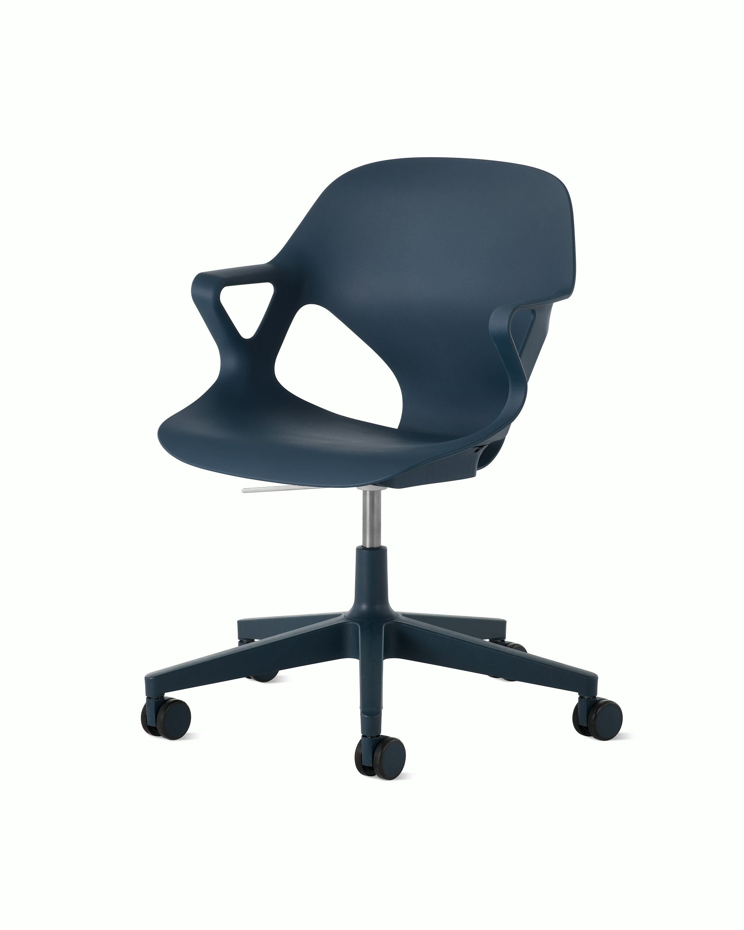 Front angle view of a Zeph chair with fixed arms in dark blue.