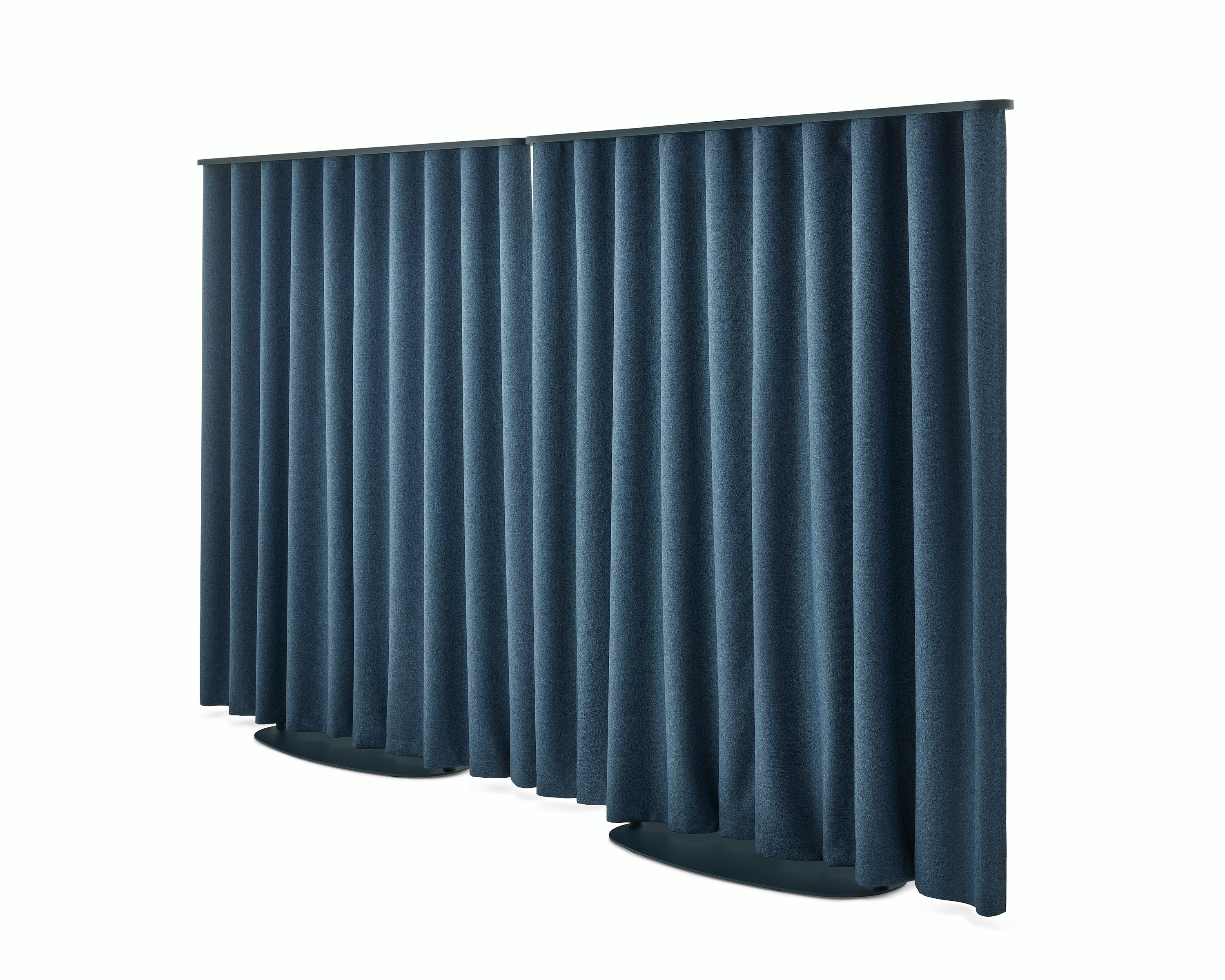 Two blue OE1 Freestanding Curtains with blue frames viewed from a front angle.
