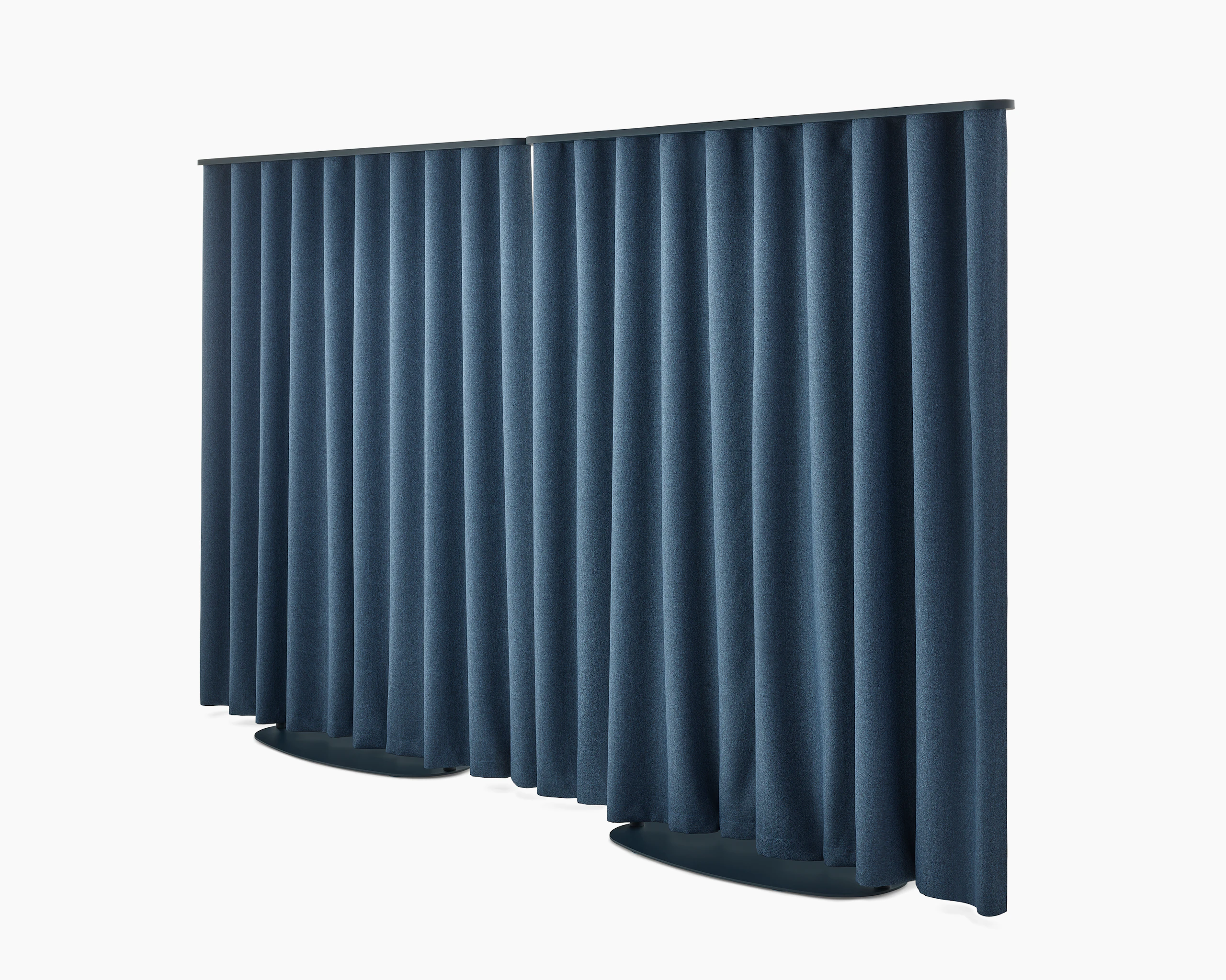 Two blue OE1 Freestanding Curtains with blue frames viewed from a front angle.
